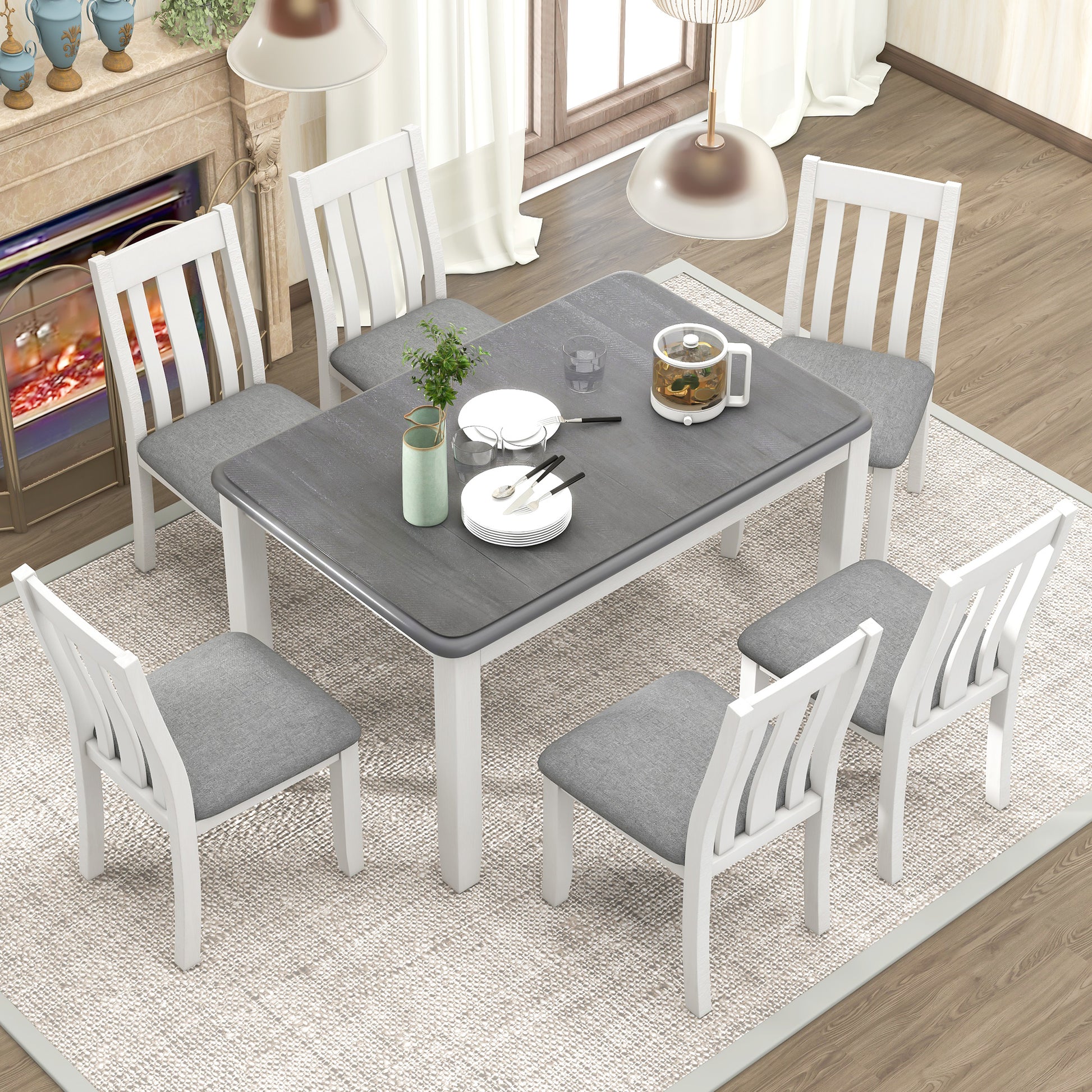 Retro Style 7 Piece Dining Table Set With Extendable Table And 6 Upholstered Chairs Gray White White Gray Solid Wood