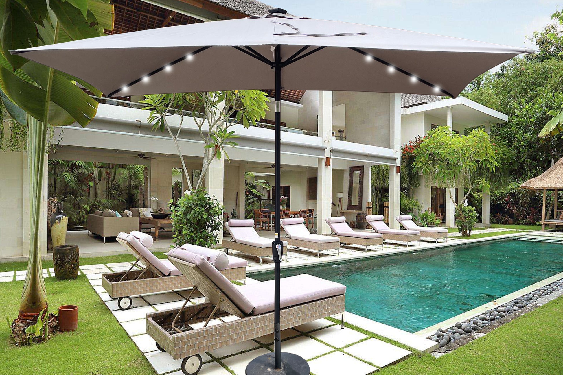 10 X 6.5T Rectangular Patio Solar Led Lighted Outdoor Umbrellas With Crank And Push Button Tilt For Garden Backyard Pool Swimming Pool Medium Grey Steel