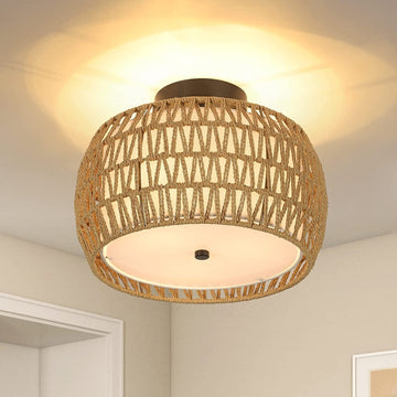 3 Light Woven Rattan Semi Flush Mount Ceiling Light Brown Rattan