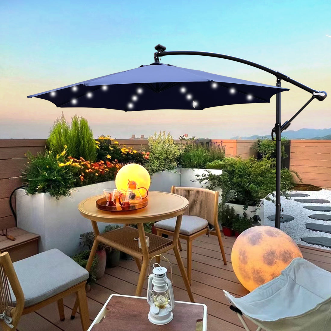 10 Ft Outdoor Patio Umbrella Solar Powered Led Lighted Sun Shade Market Waterproof 8 Ribs Umbrella With Crank And Cross Base For Garden Deck Backyard Pool Shade Outside Deck Swimming Pool Navy Blue