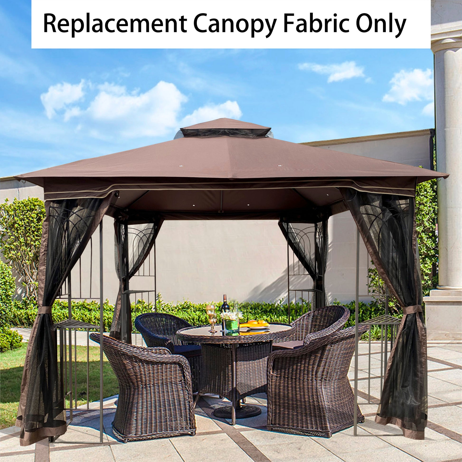 10X10 Ft Patio Double Roof Gazebo Replacement Canopy Top Fabric,Brown Brown Polyester