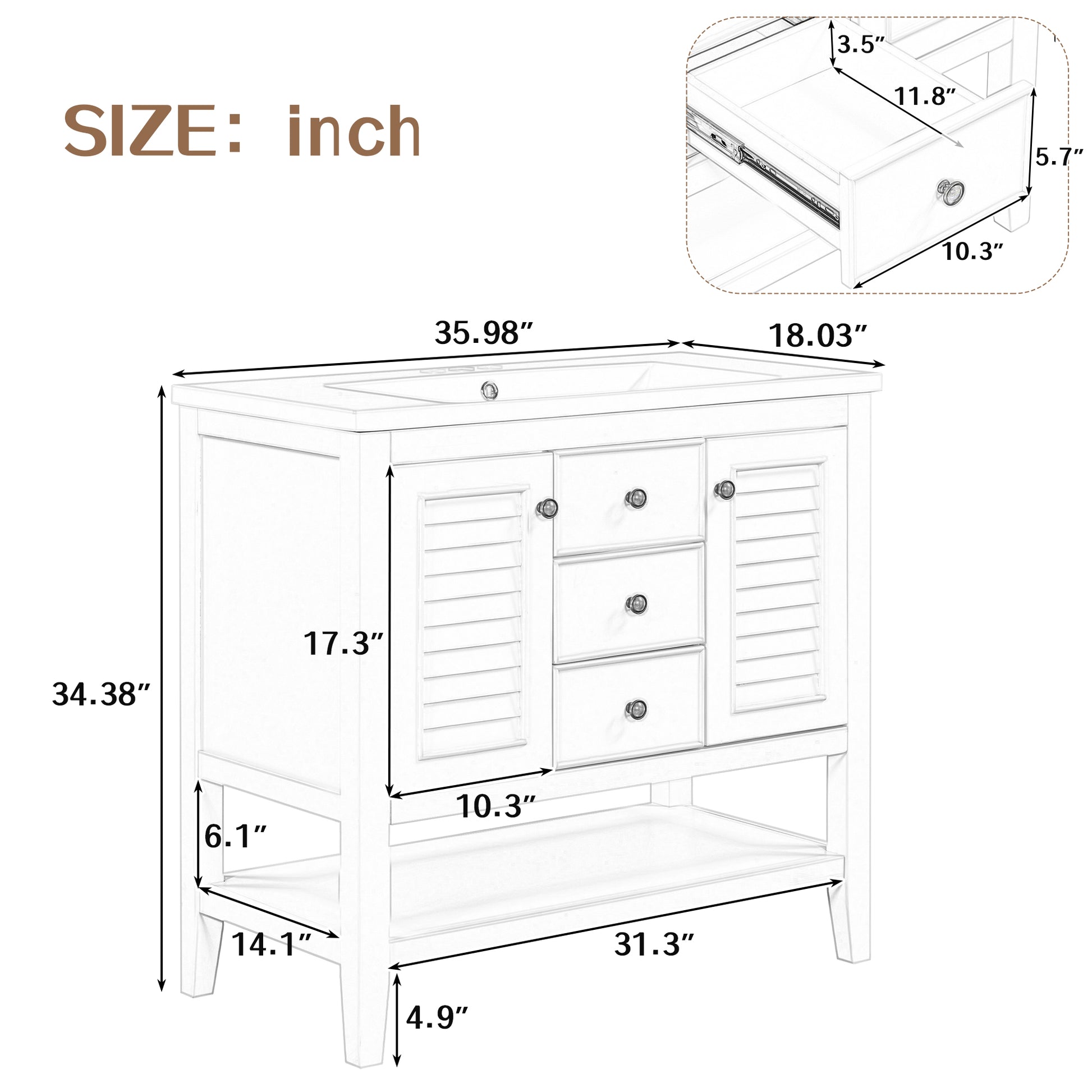 36" Bathroom Vanity With Ceramic Basin, Two Cabinets And Drawers, Open Shelf, Solid Wood Frame, Grey Old Sku: Sy999101Aae Grey Solid Wood Mdf