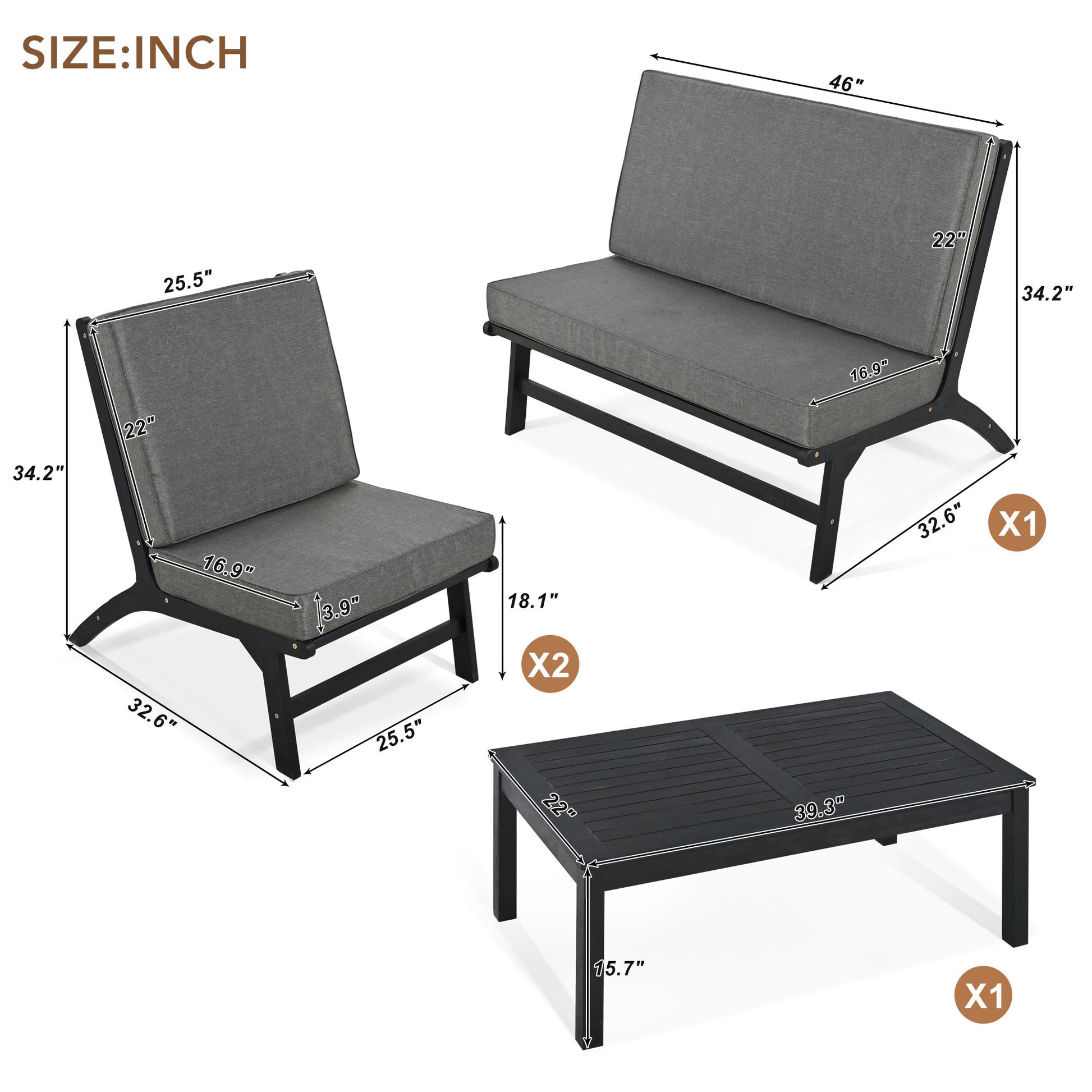 4 Piece V Shaped Seats Set, Acacia Solid Wood Outdoor Sofa, Garden Furniture, Outdoor Seating, Black And Gray Black Gray Acacia Wood