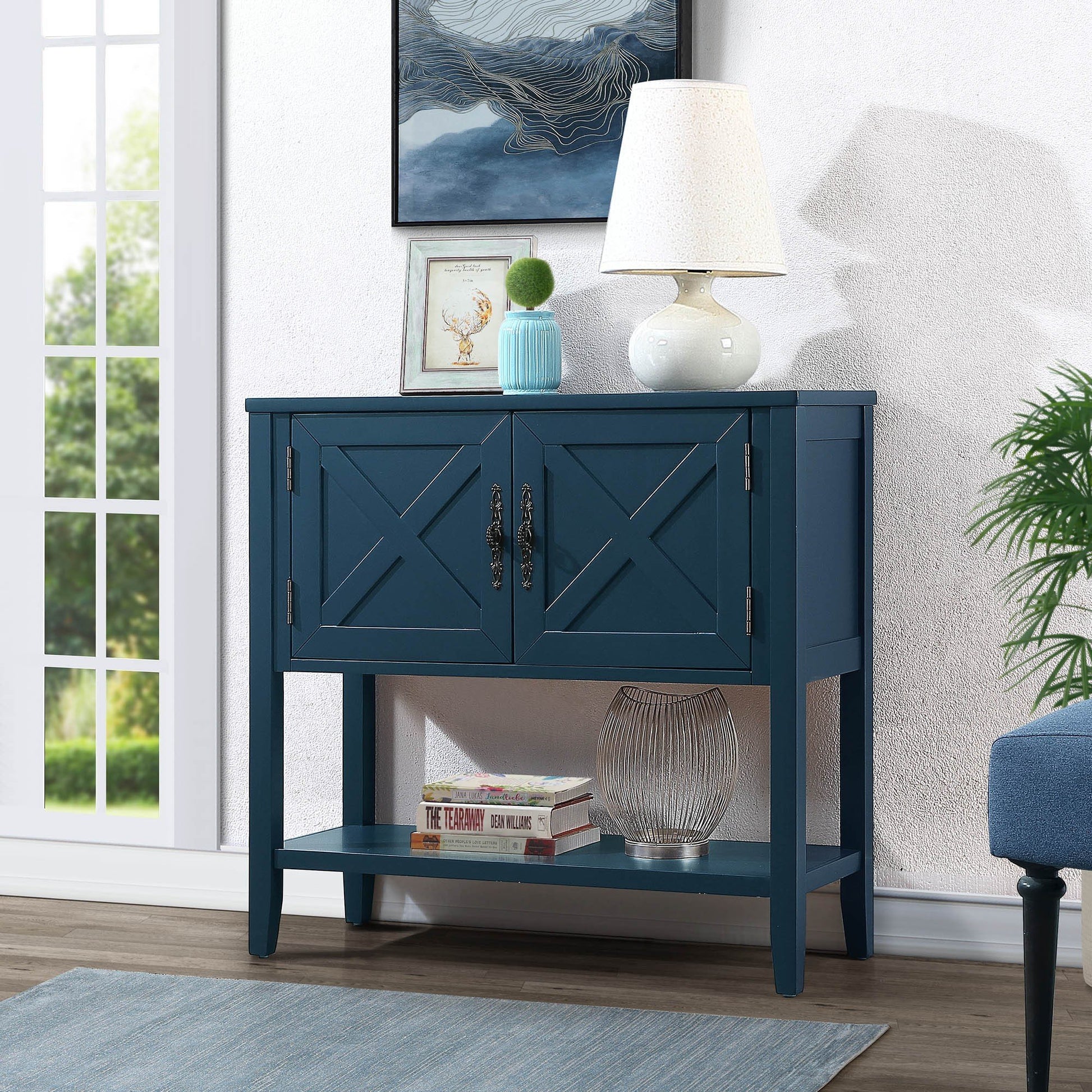 35'' Farmhouse Wood Buffet Sideboard Console Table With Bottom Shelf And 2 Door Cabinet, For Living Room, Entryway,Kitchen Dining Room Furniture Navy Blue Navy Blue Pine