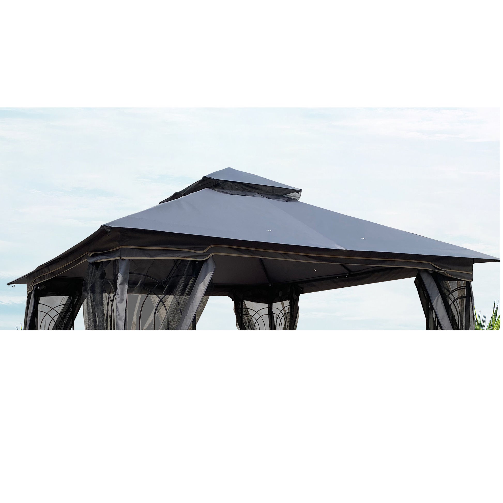 10X10 Ft Patio Double Roof Gazebo Replacement Canopy Top Fabric, Gray Gray Polyester