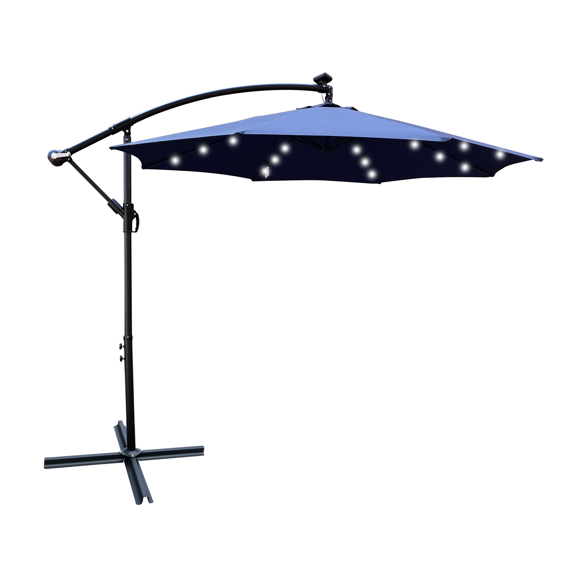 10 Ft Outdoor Patio Umbrella Solar Powered Led Lighted Sun Shade Market Waterproof 8 Ribs Umbrella With Crank And Cross Base For Garden Deck Backyard Pool Shade Outside Deck Swimming Pool Navy Blue