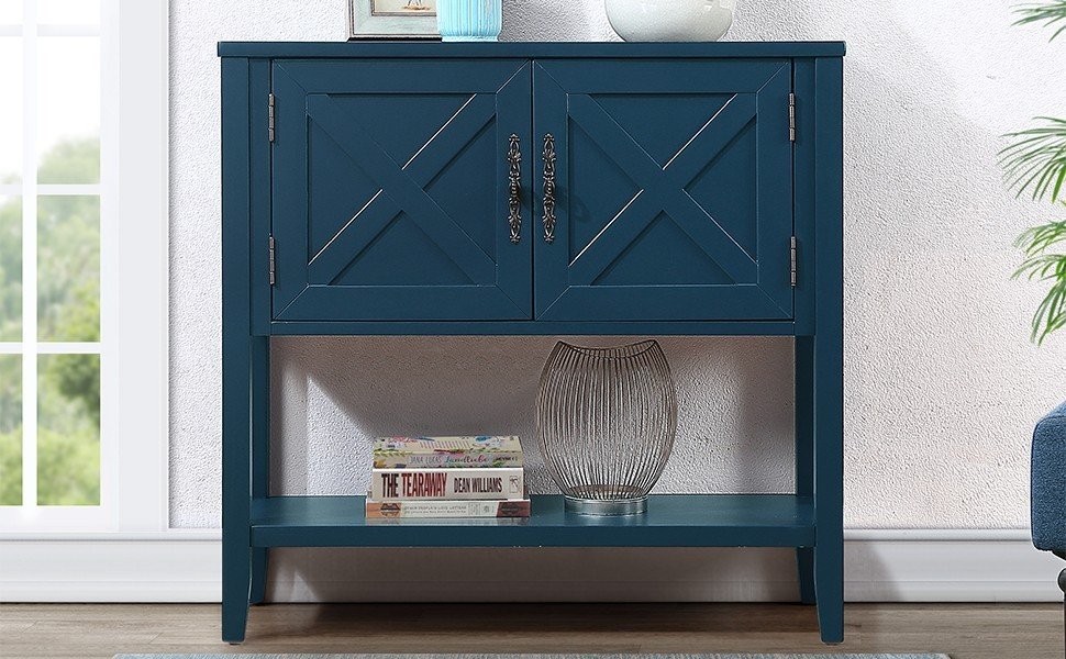 35'' Farmhouse Wood Buffet Sideboard Console Table With Bottom Shelf And 2 Door Cabinet, For Living Room, Entryway,Kitchen Dining Room Furniture Navy Blue Navy Blue Pine