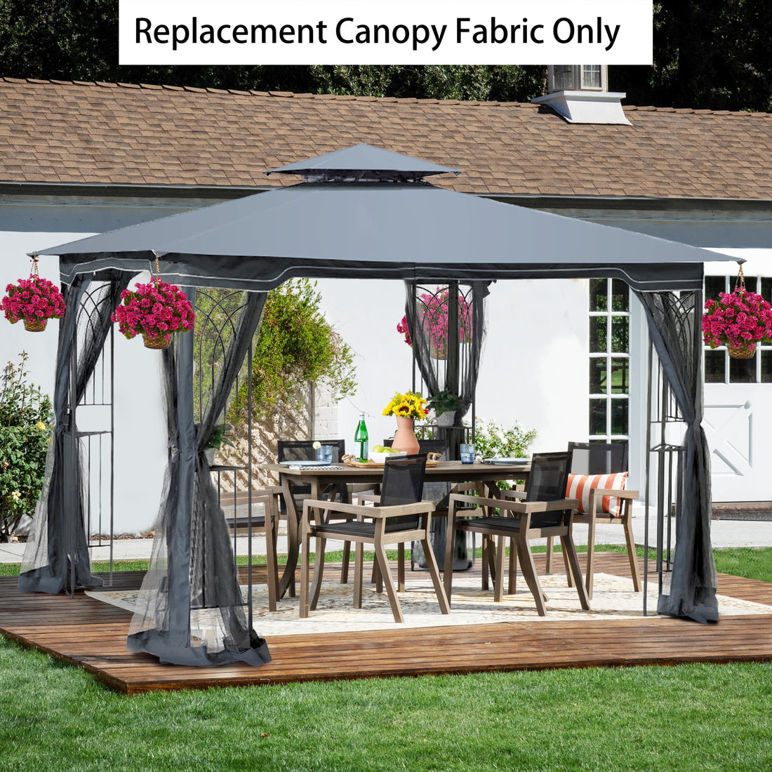 10X10 Ft Patio Double Roof Gazebo Replacement Canopy Top Fabric, Gray Gray Polyester