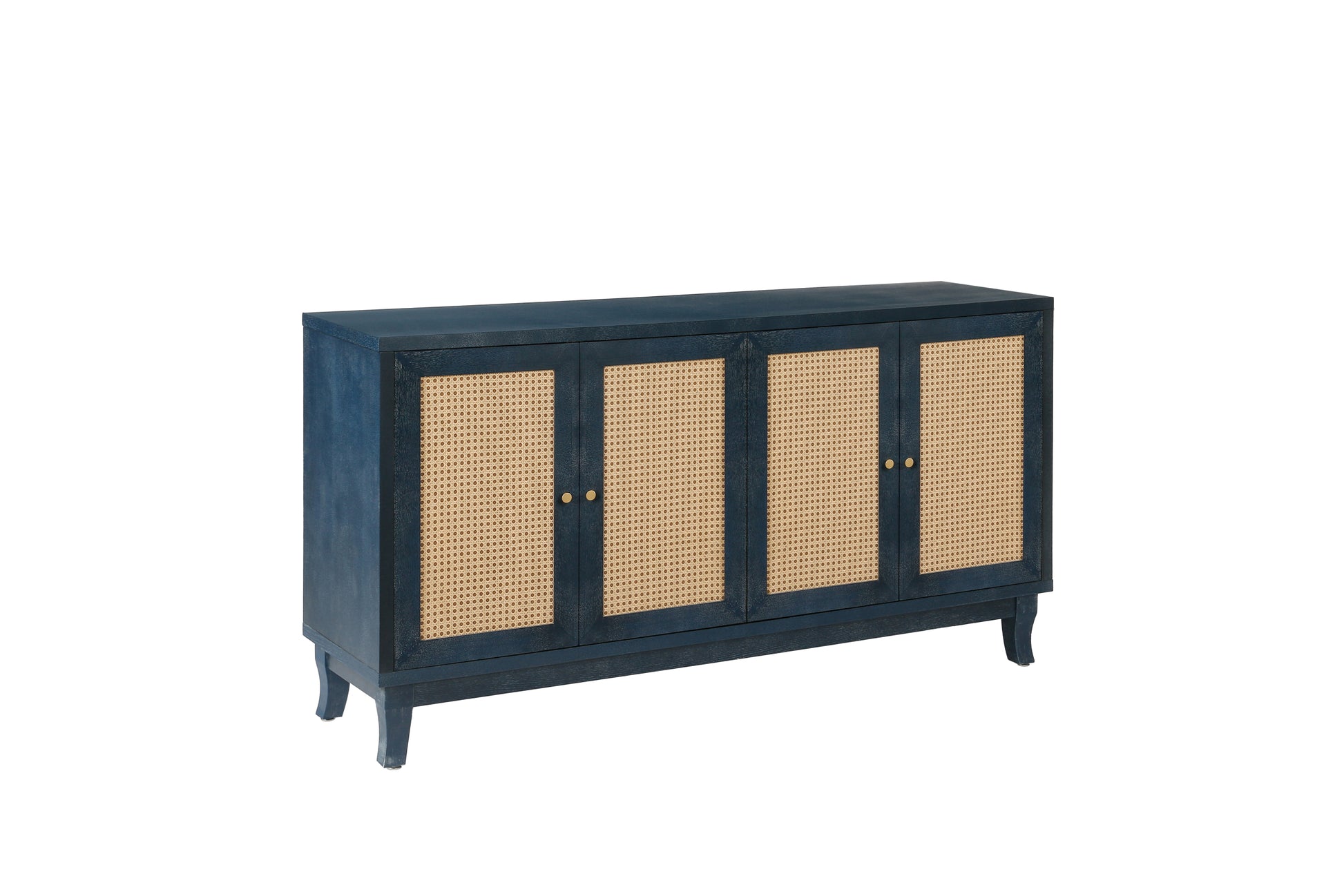 Handcrafted Premium Grain Panels,Rattan Sideboard Buffer Cabinet,Accent Storage Cabinet With 4 Rattan Doors, Modern Storage Cupboard Console Table With Adjustable Shelves For Living Room ,Blue Antique Navy Blue Mdf