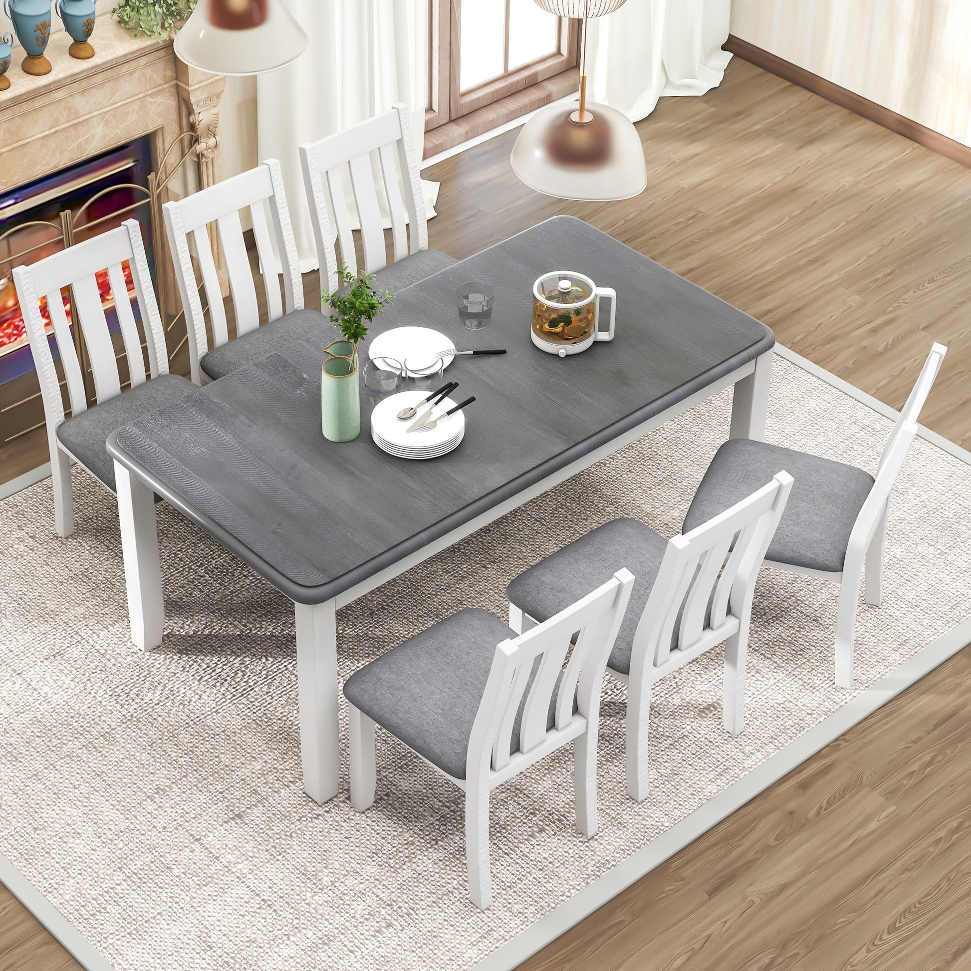 Retro Style 7 Piece Dining Table Set With Extendable Table And 6 Upholstered Chairs Gray White White Gray Solid Wood