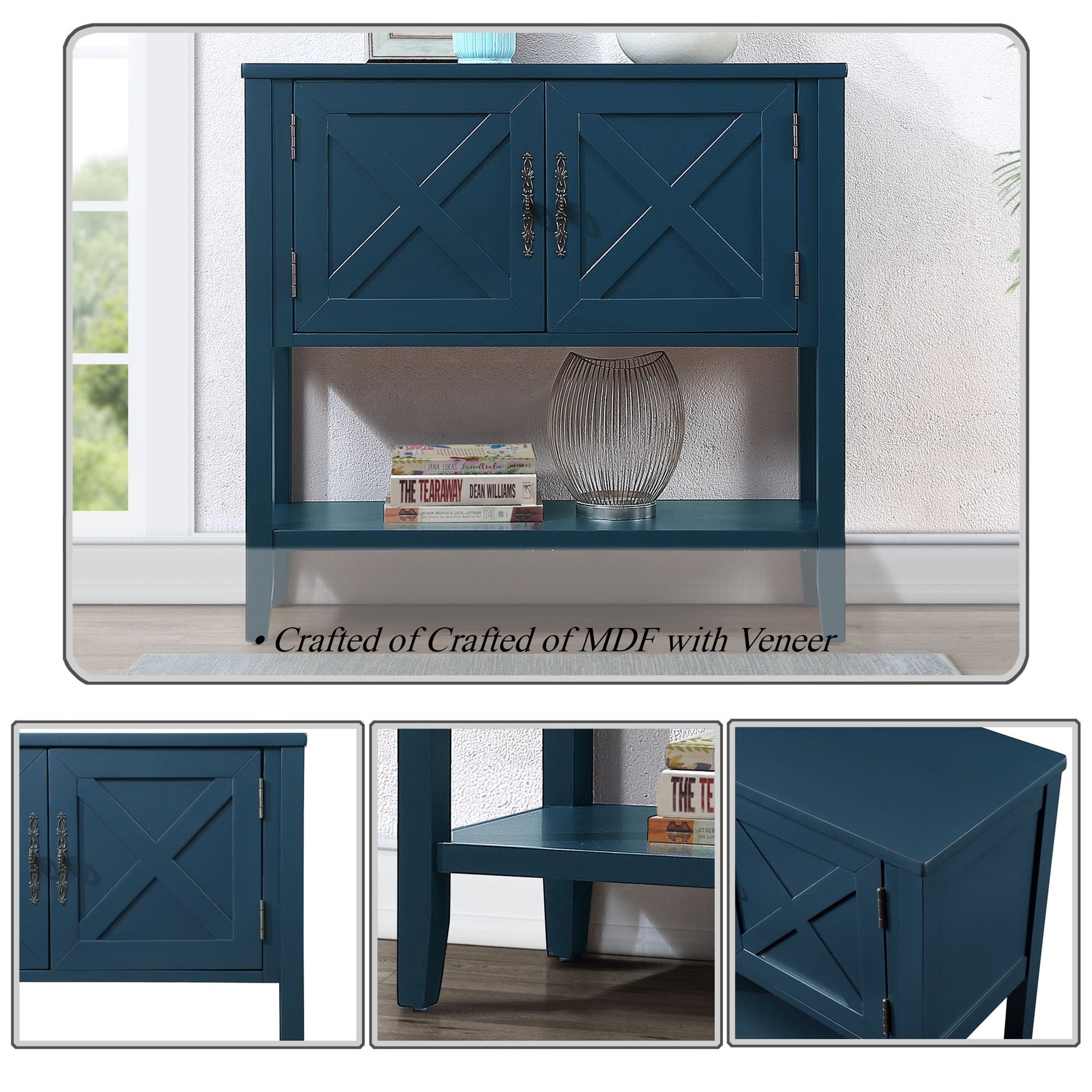 35'' Farmhouse Wood Buffet Sideboard Console Table With Bottom Shelf And 2 Door Cabinet, For Living Room, Entryway,Kitchen Dining Room Furniture Navy Blue Navy Blue Pine