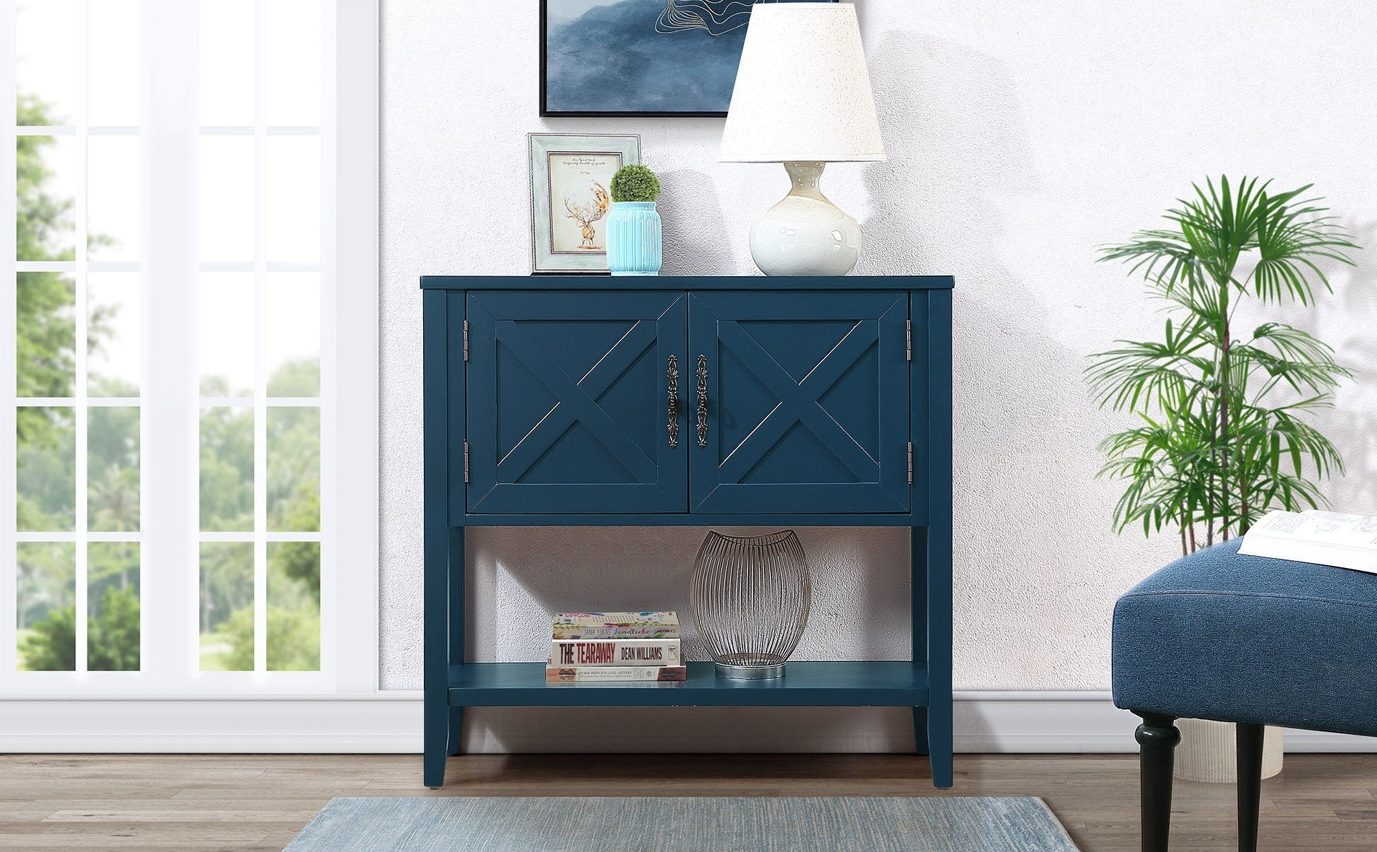 35'' Farmhouse Wood Buffet Sideboard Console Table With Bottom Shelf And 2 Door Cabinet, For Living Room, Entryway,Kitchen Dining Room Furniture Navy Blue Navy Blue Pine