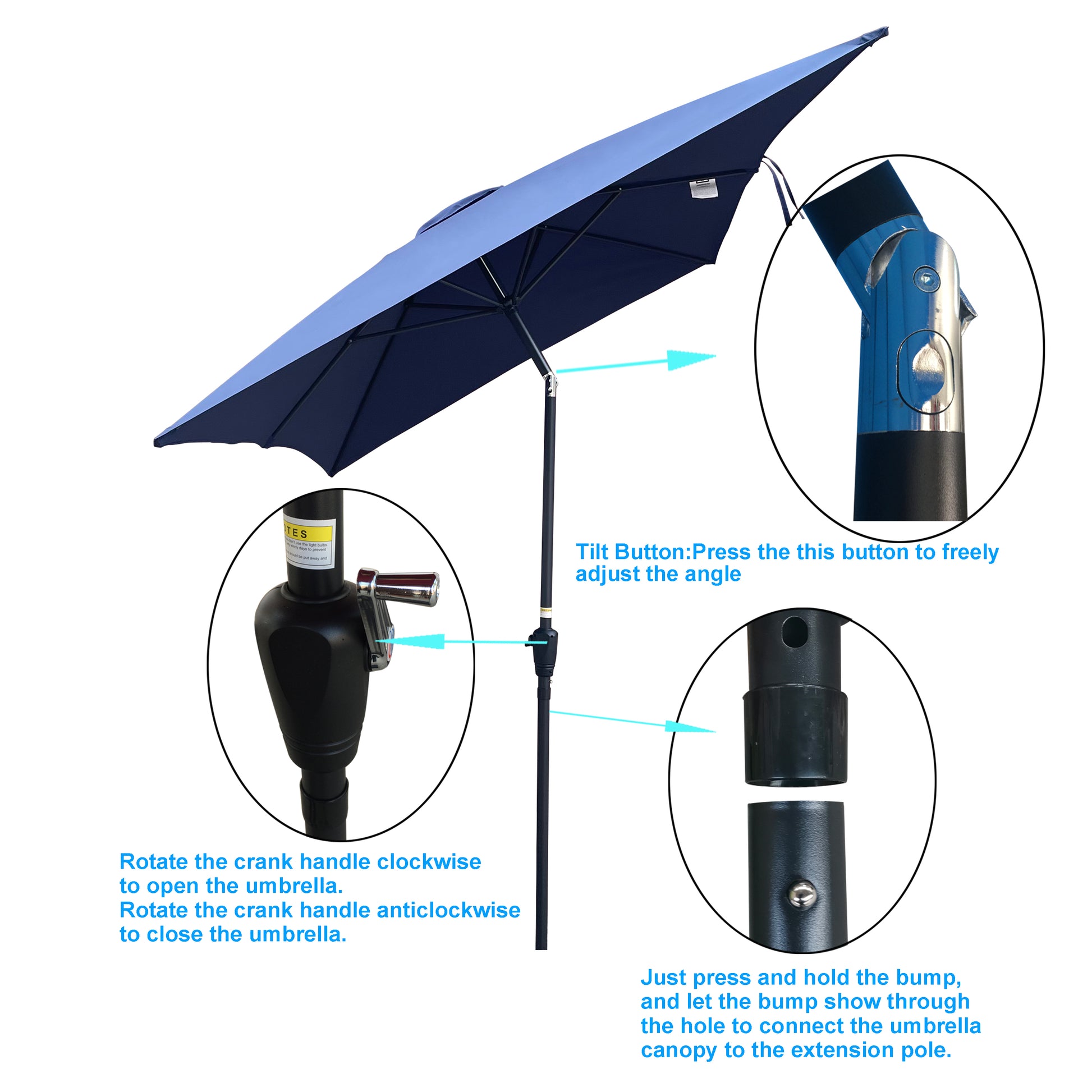 6 X 9Ft Patio Umbrella Outdoor Waterproof Umbrella With Crank And Push Button Tilt Without Flap For Garden Backyard Pool Swimming Pool Market Navy Blue Steel