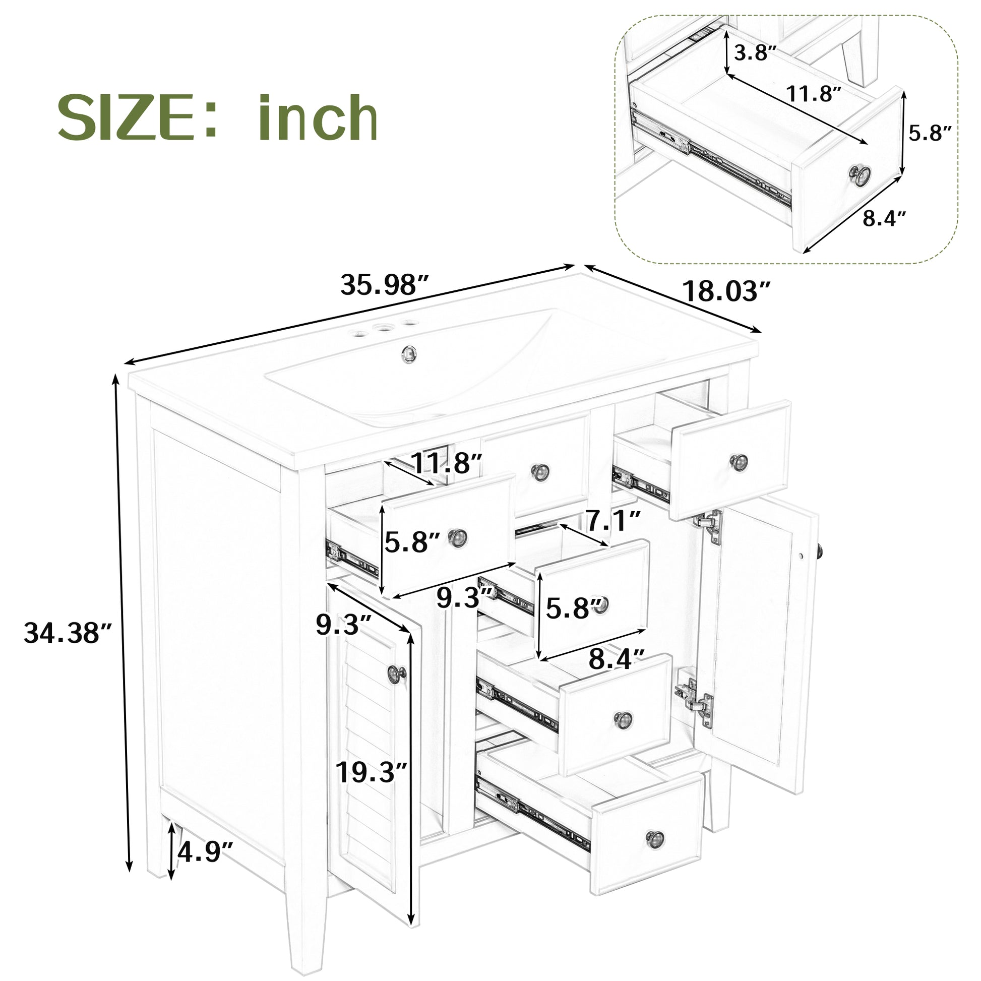 36" Bathroom Vanity With Ceramic Basin, Two Cabinets And Five Drawers, Solid Wood Frame, White Old Sku: Sy999202Aak 1 White Solid Wood Mdf