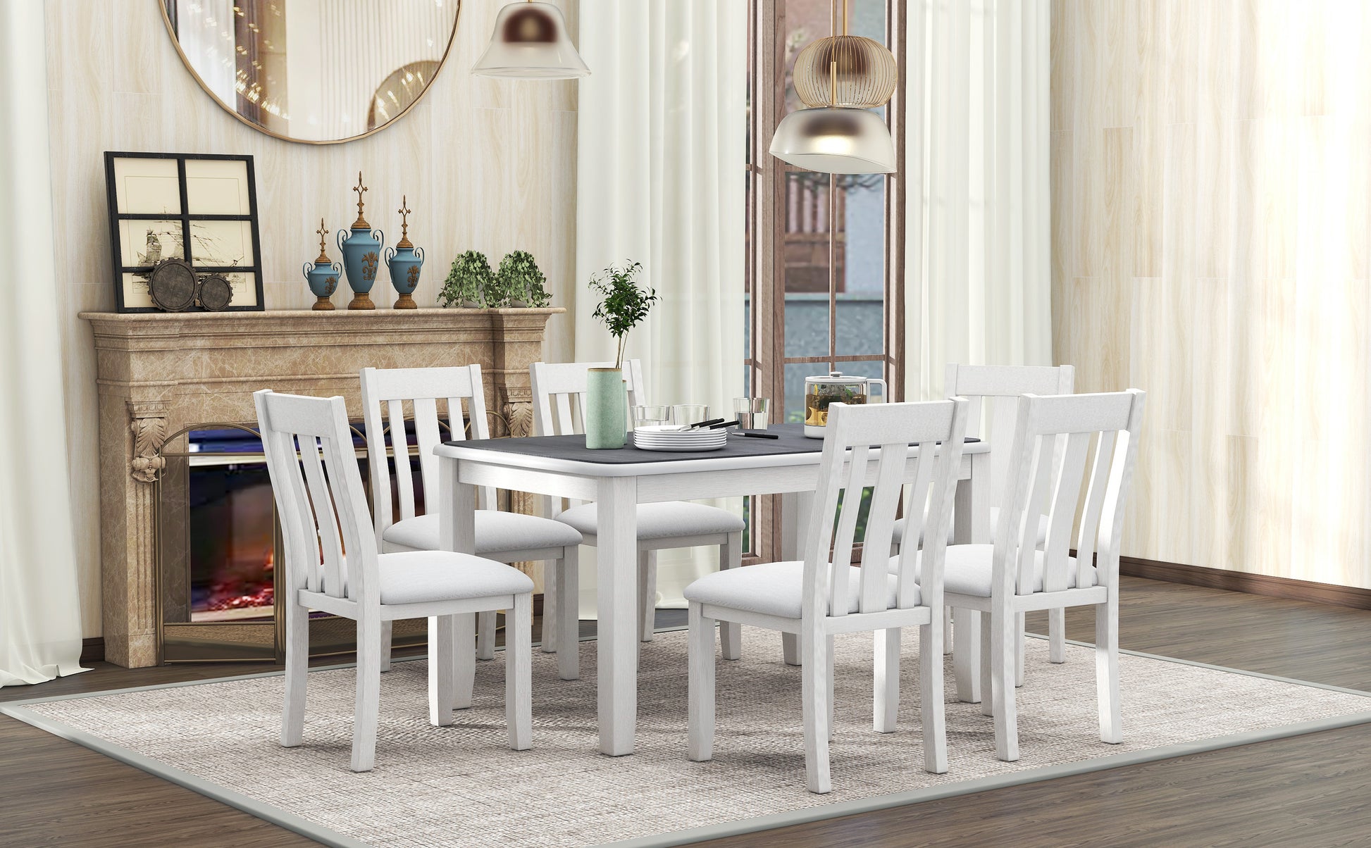 Retro Style 7 Piece Dining Table Set With Extendable Table And 6 Upholstered Chairs Gray White White Gray Solid Wood