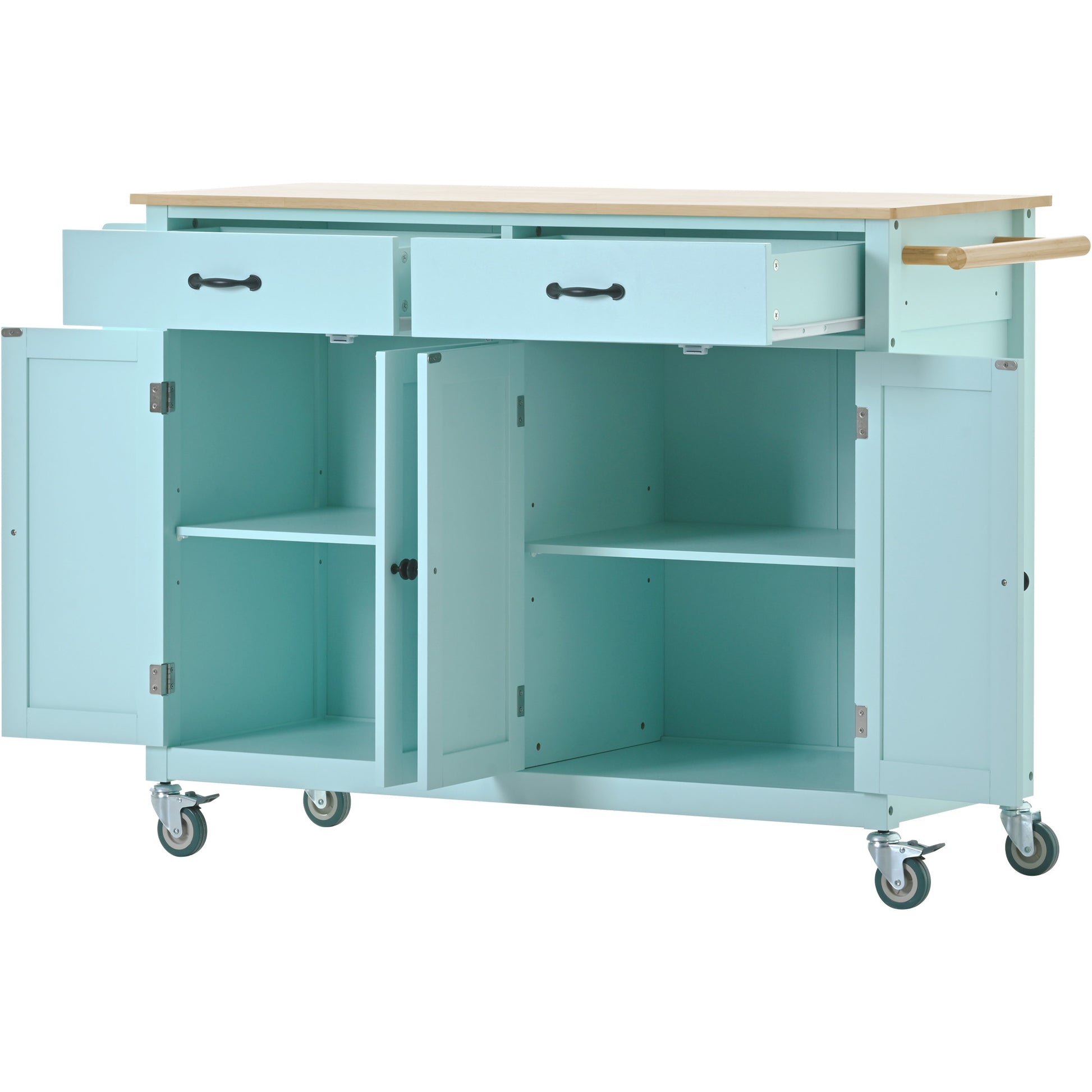 Kitchen Island Cart With 4 Door Cabinet And Two Drawers And 2 Locking Wheels Solid Wood Top, Adjustable Shelves, Spice & Towel Rack Mint Green Green Mdf