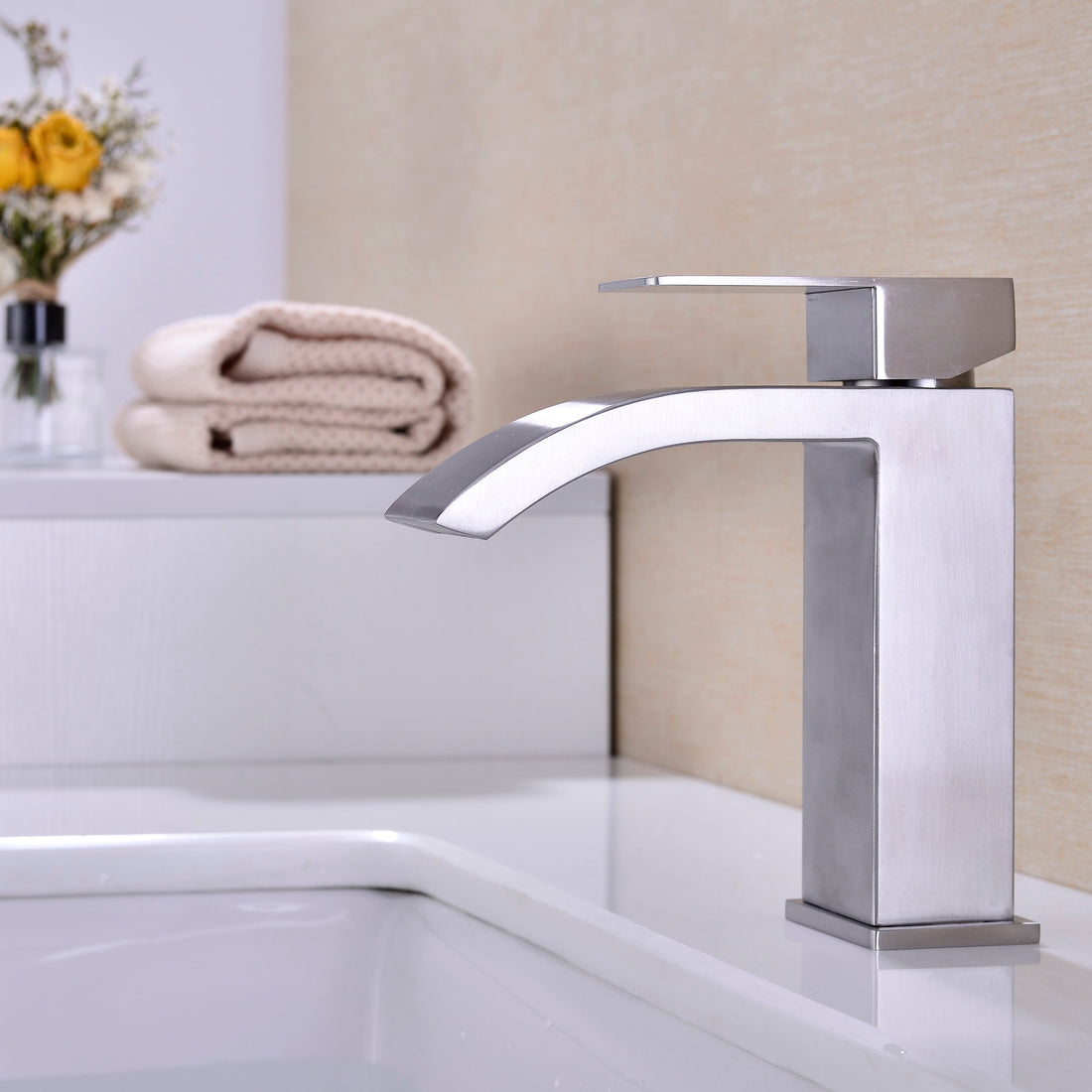 Single Handle Waterfall Bathroom Vanity Sink Faucet With Extra Large Rectangular Spout, Brushed Nickel Brushed Nickel Stainless Steel