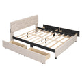 Queen Size Upholstered Platform Bed With Brick Pattern Headboard And 4 Drawers, Linen Fabric, Beige Beige Upholstered