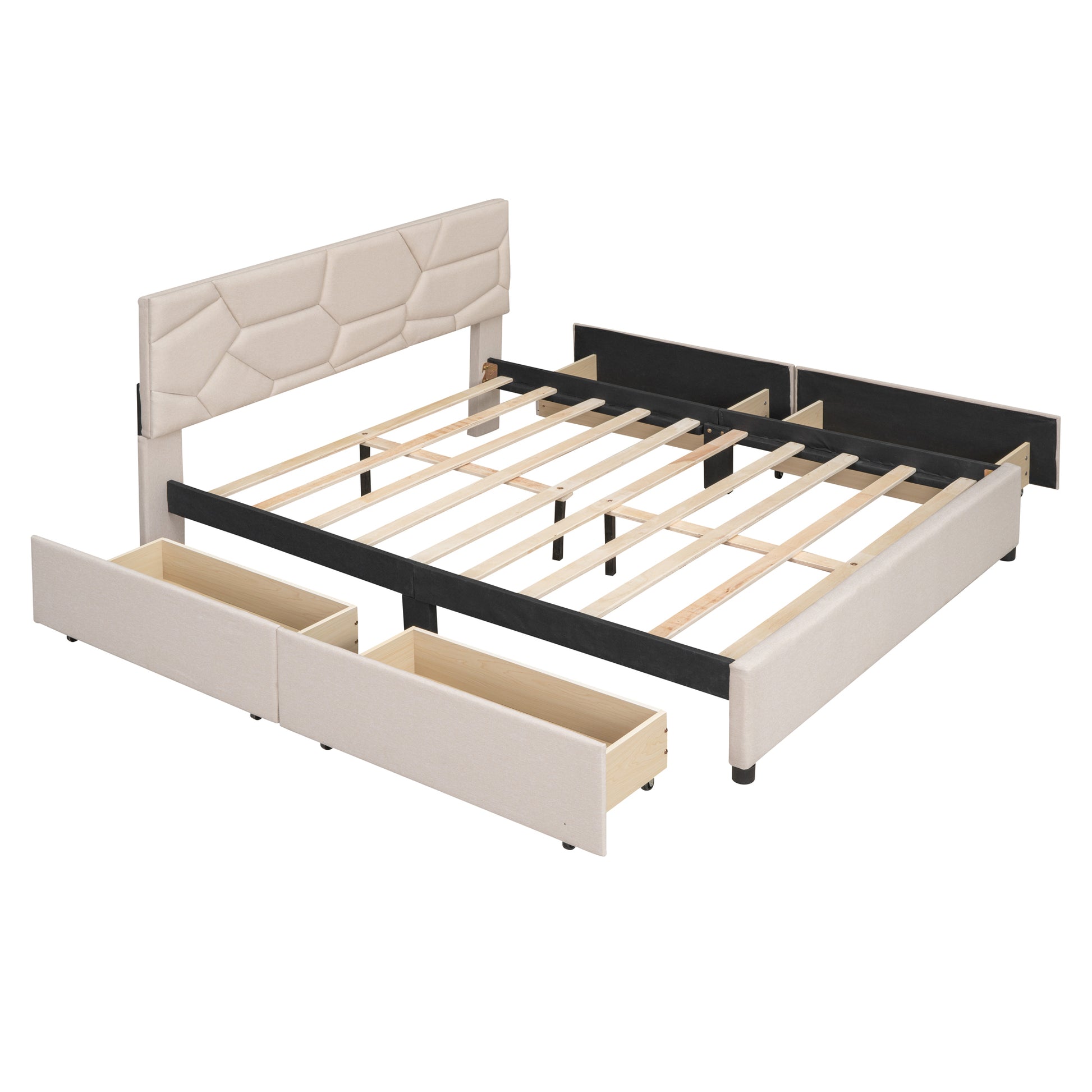 Queen Size Upholstered Platform Bed With Brick Pattern Headboard And 4 Drawers, Linen Fabric, Beige Beige Upholstered