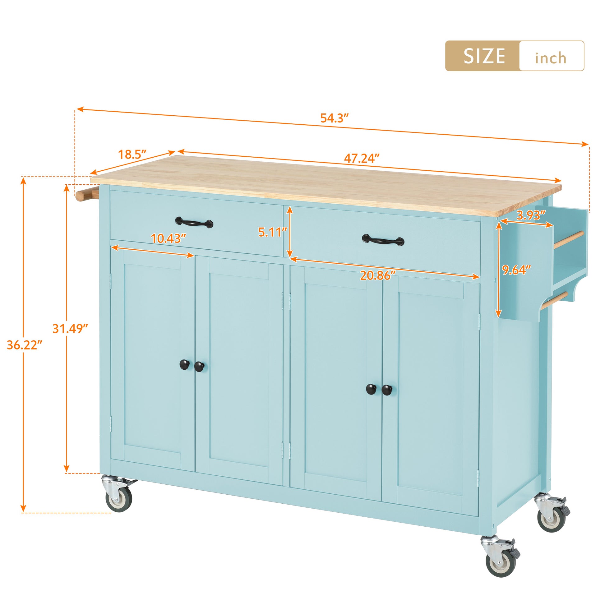 Kitchen Island Cart With 4 Door Cabinet And Two Drawers And 2 Locking Wheels Solid Wood Top, Adjustable Shelves, Spice & Towel Rack Mint Green Green Mdf