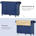 Rolling Mobile Kitchen Island With Drop Leaf Solid Wood Top, Locking Wheels & Storage Cabinet 52.7 Inch Width Dark Blue Blue Mdf