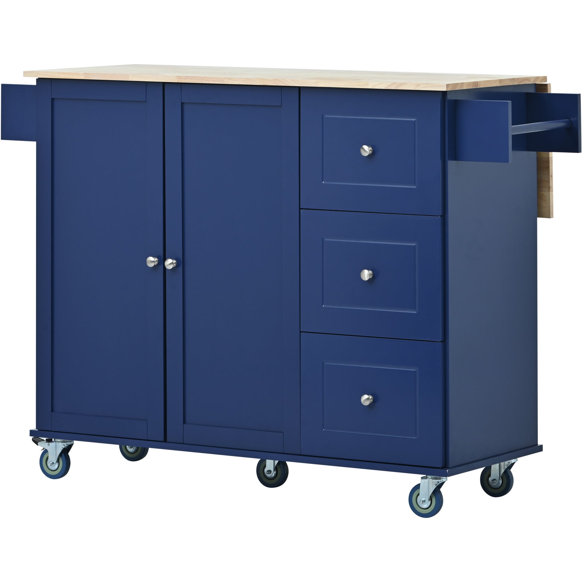 Rolling Mobile Kitchen Island With Drop Leaf Solid Wood Top, Locking Wheels & Storage Cabinet 52.7 Inch Width Dark Blue Blue Mdf