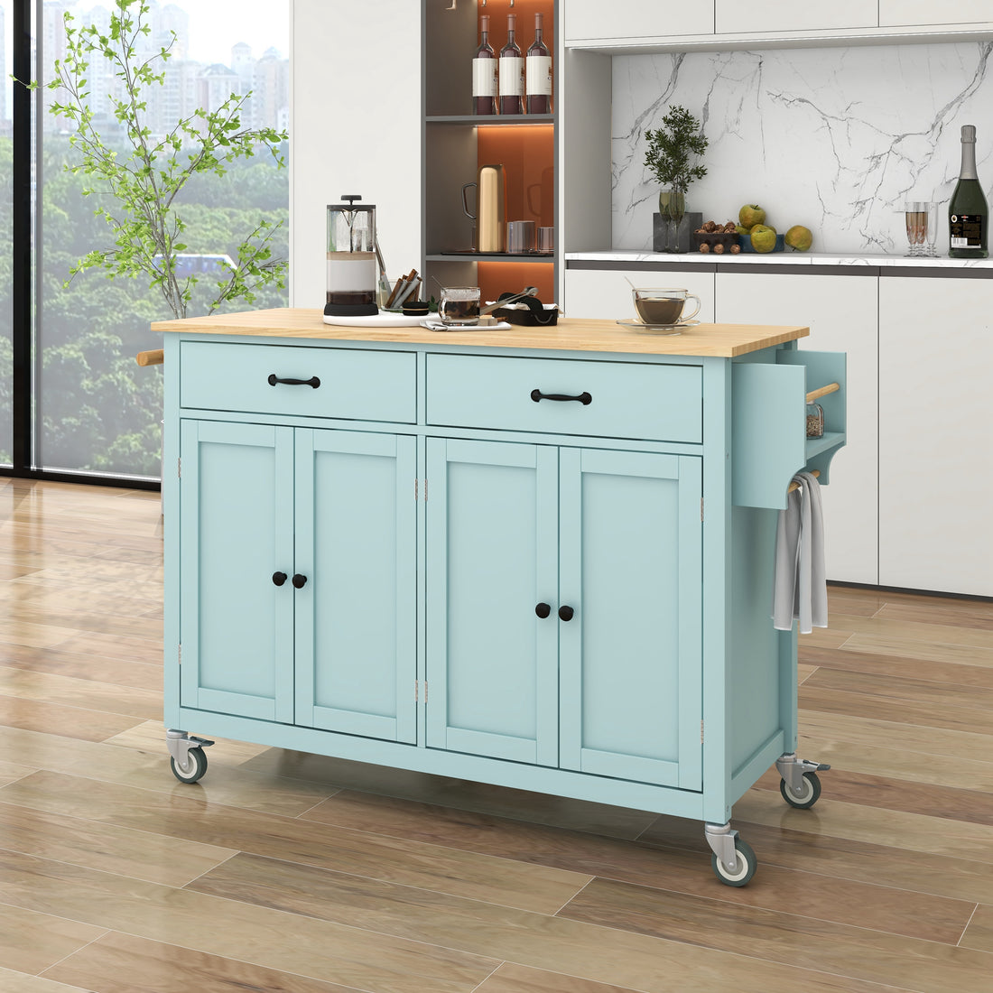 Kitchen Island Cart With 4 Door Cabinet And Two Drawers And 2 Locking Wheels Solid Wood Top, Adjustable Shelves, Spice & Towel Rack Mint Green Green Mdf