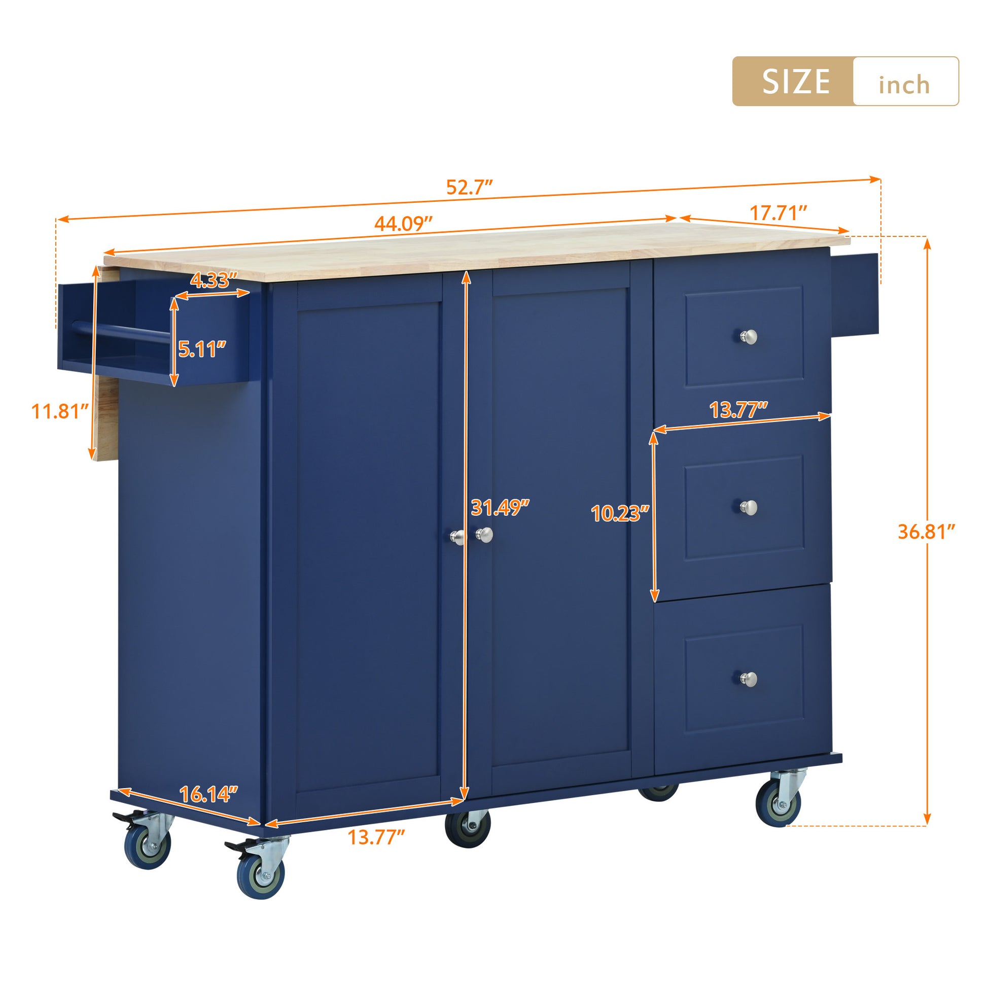 Rolling Mobile Kitchen Island With Drop Leaf Solid Wood Top, Locking Wheels & Storage Cabinet 52.7 Inch Width Dark Blue Blue Mdf