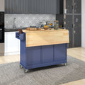 Rolling Mobile Kitchen Island With Drop Leaf Solid Wood Top, Locking Wheels & Storage Cabinet 52.7 Inch Width Dark Blue Blue Mdf