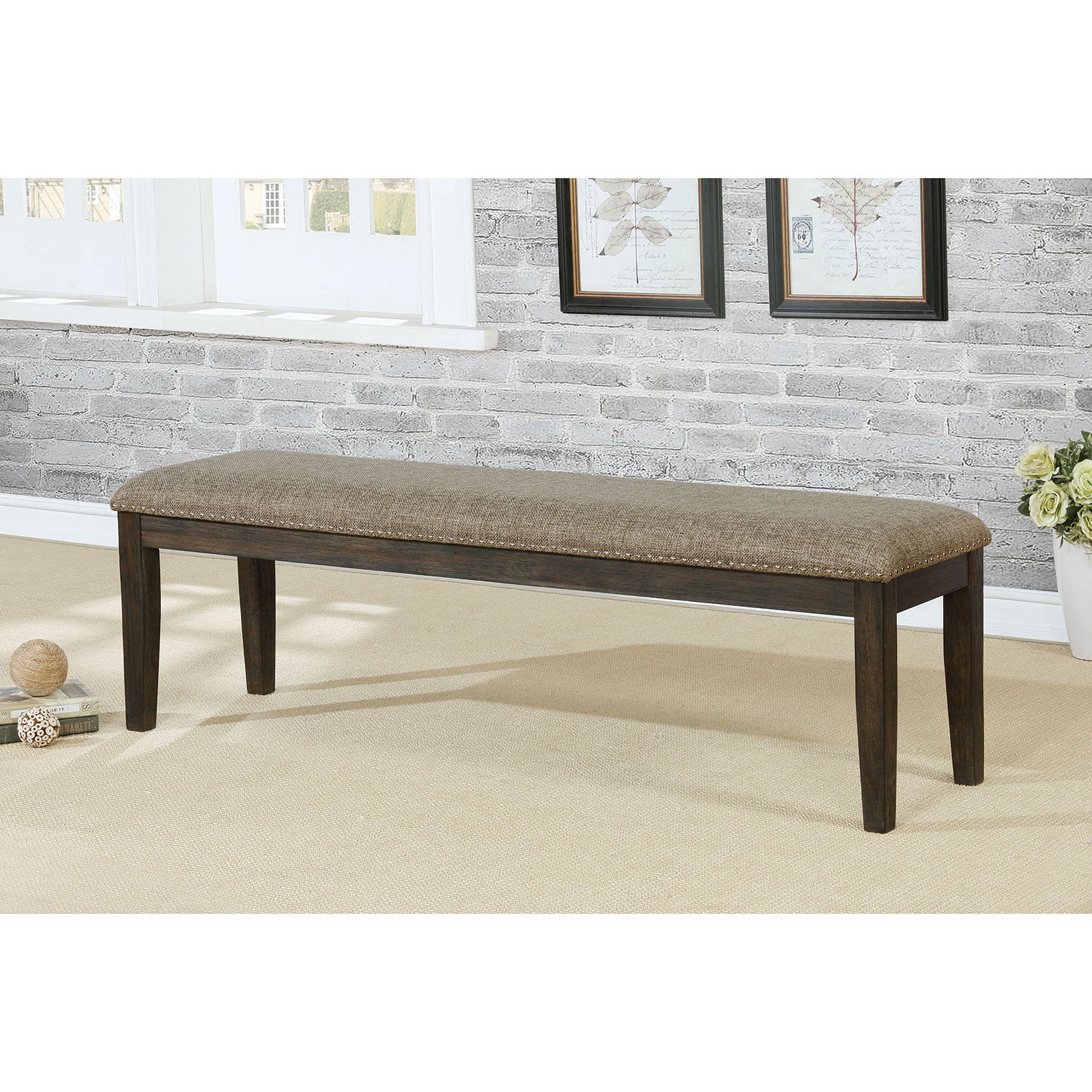 Transitional 1Pc Bench Only Espresso Warm Gray Nail Heads Solid Wood Fabric Upholstered Padded Seat Kitchen Rustic Dining Room Furniture Warm Grey Dining Room Contemporary,Modern Solid Wood