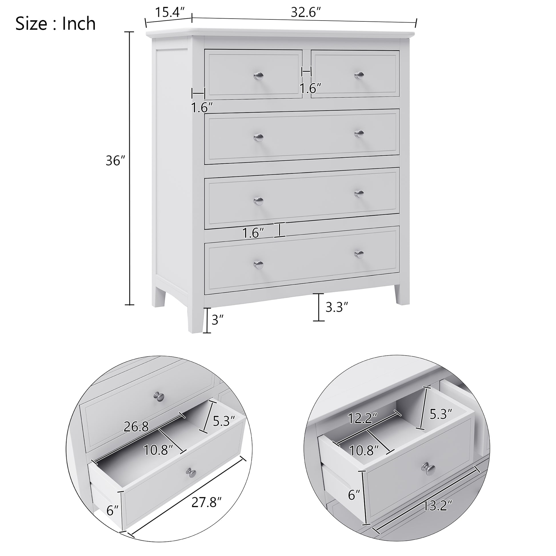 5 Drawers Solid Wood Chest In White Old Sku:Wf283150Aak White Solid Wood