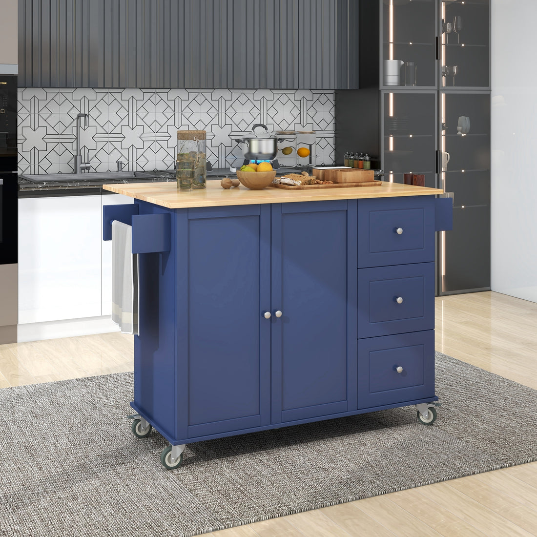 Rolling Mobile Kitchen Island With Drop Leaf Solid Wood Top, Locking Wheels & Storage Cabinet 52.7 Inch Width Dark Blue Blue Mdf