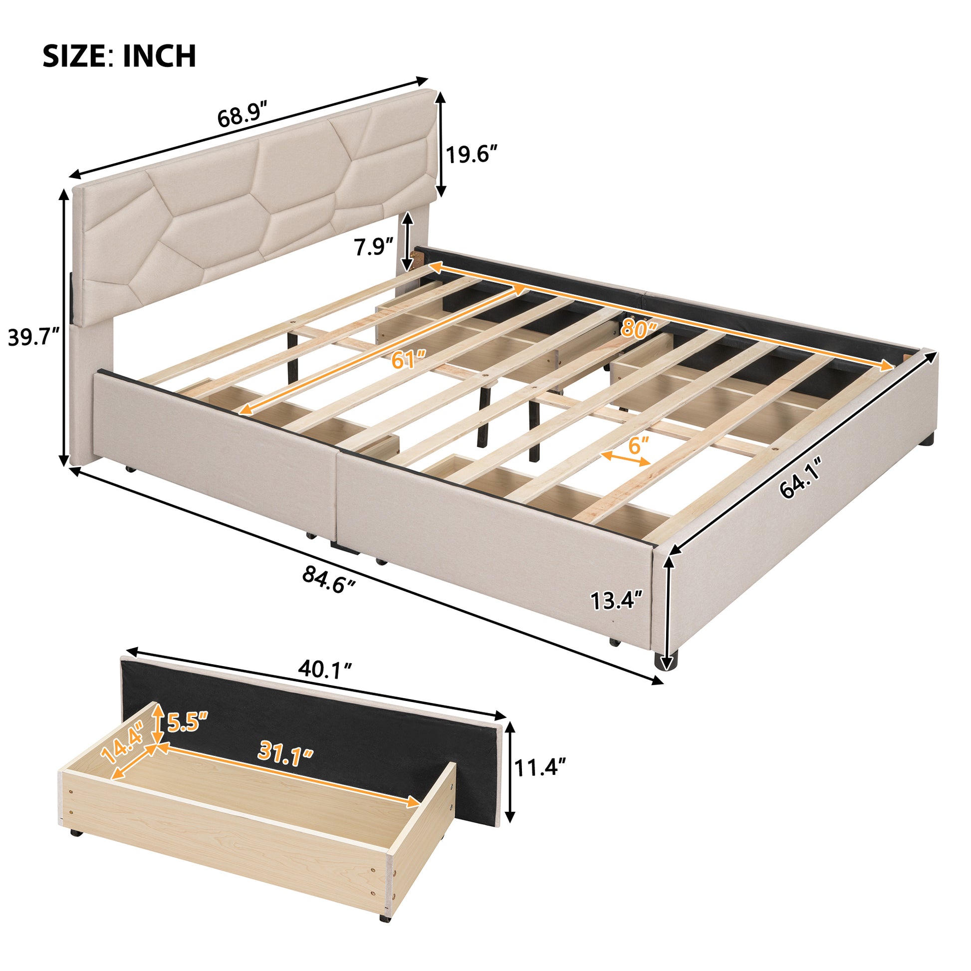Queen Size Upholstered Platform Bed With Brick Pattern Headboard And 4 Drawers, Linen Fabric, Beige Beige Upholstered