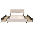 Queen Size Upholstered Platform Bed With Brick Pattern Headboard And 4 Drawers, Linen Fabric, Beige Beige Upholstered