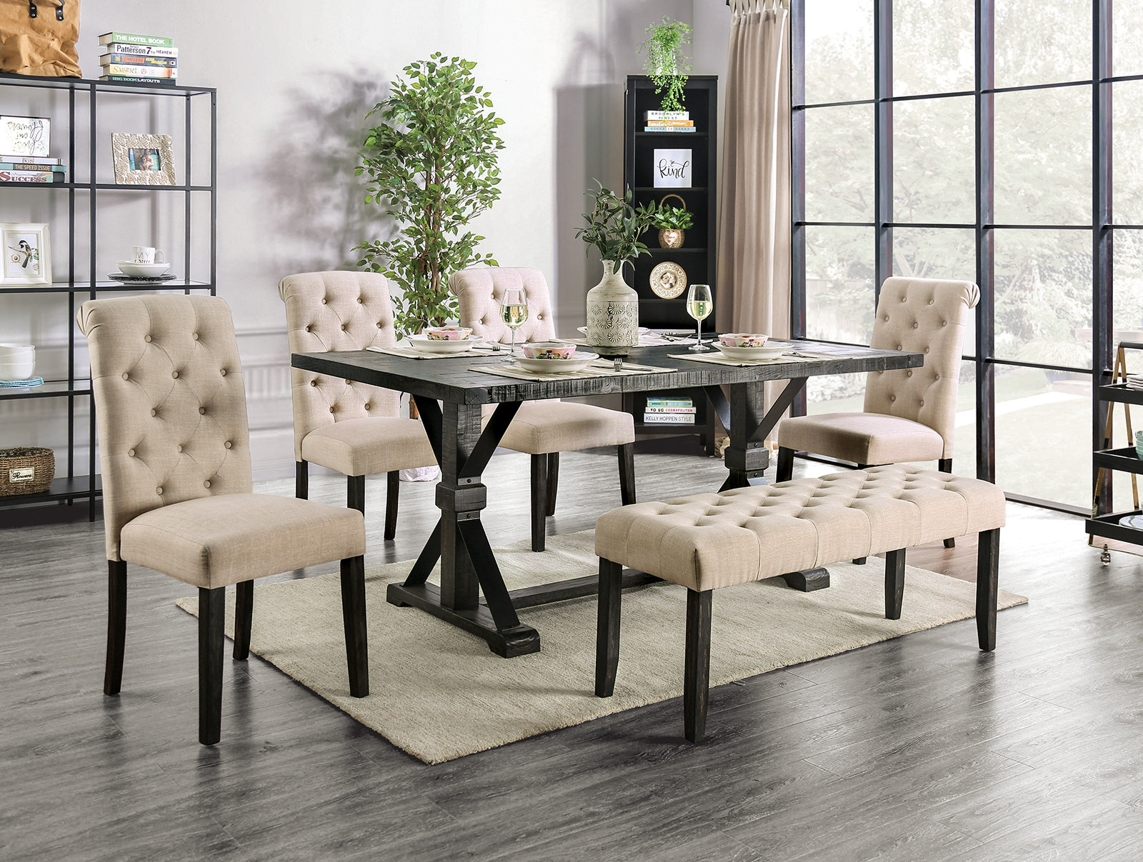 Classic Ivory 1Pc Bench Button Tufted Linen Like Fabric Solid Wood Chair Upholstered Seat Breakfast Rustic Dining Room Furniture Ivory Dining Room Contemporary,Rustic Solid Wood