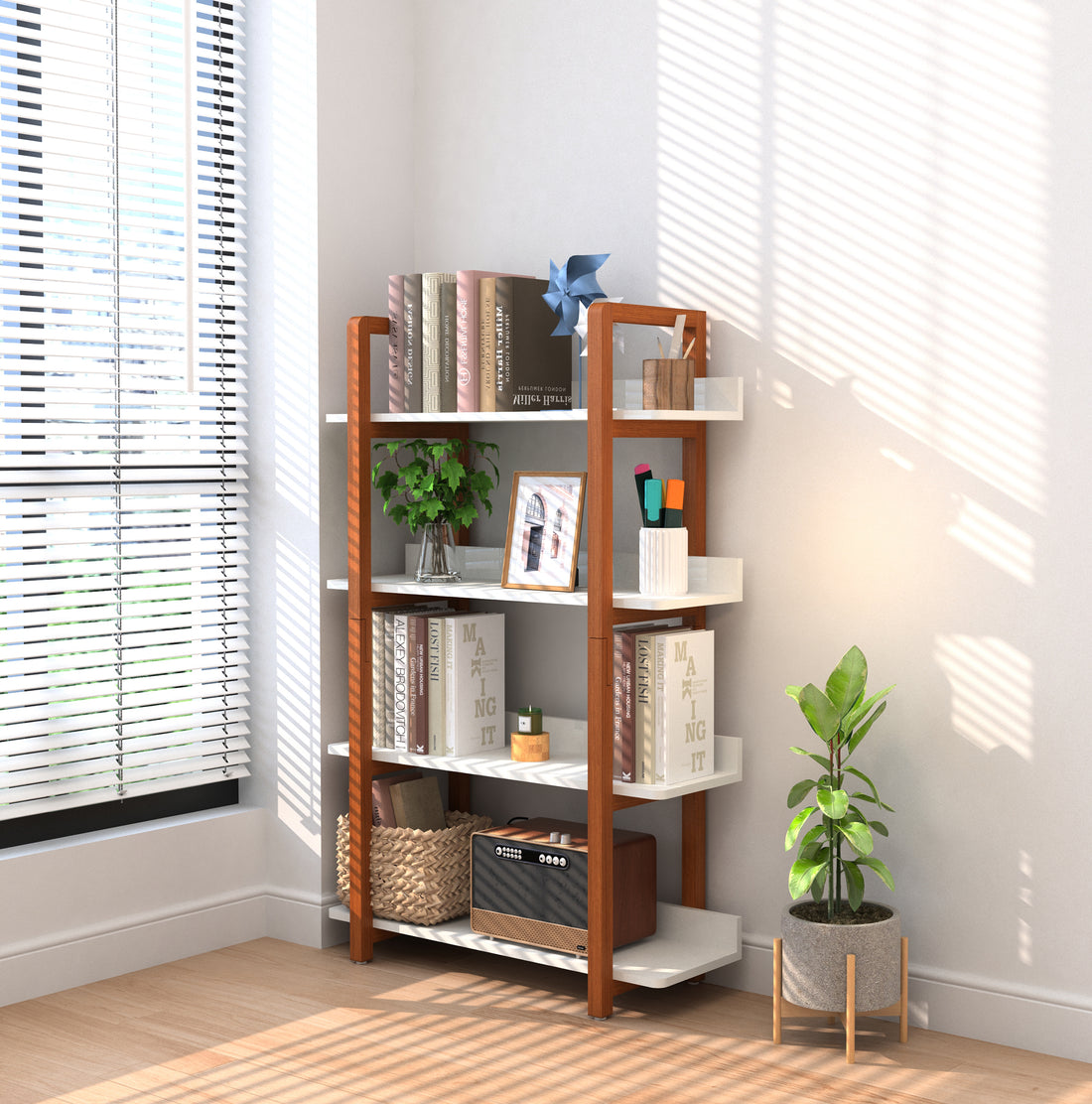 Multifuction Bookcase With Solid Wood Frame,Mix Color Plant Standing For Home Decro White Solid Wood Mdf