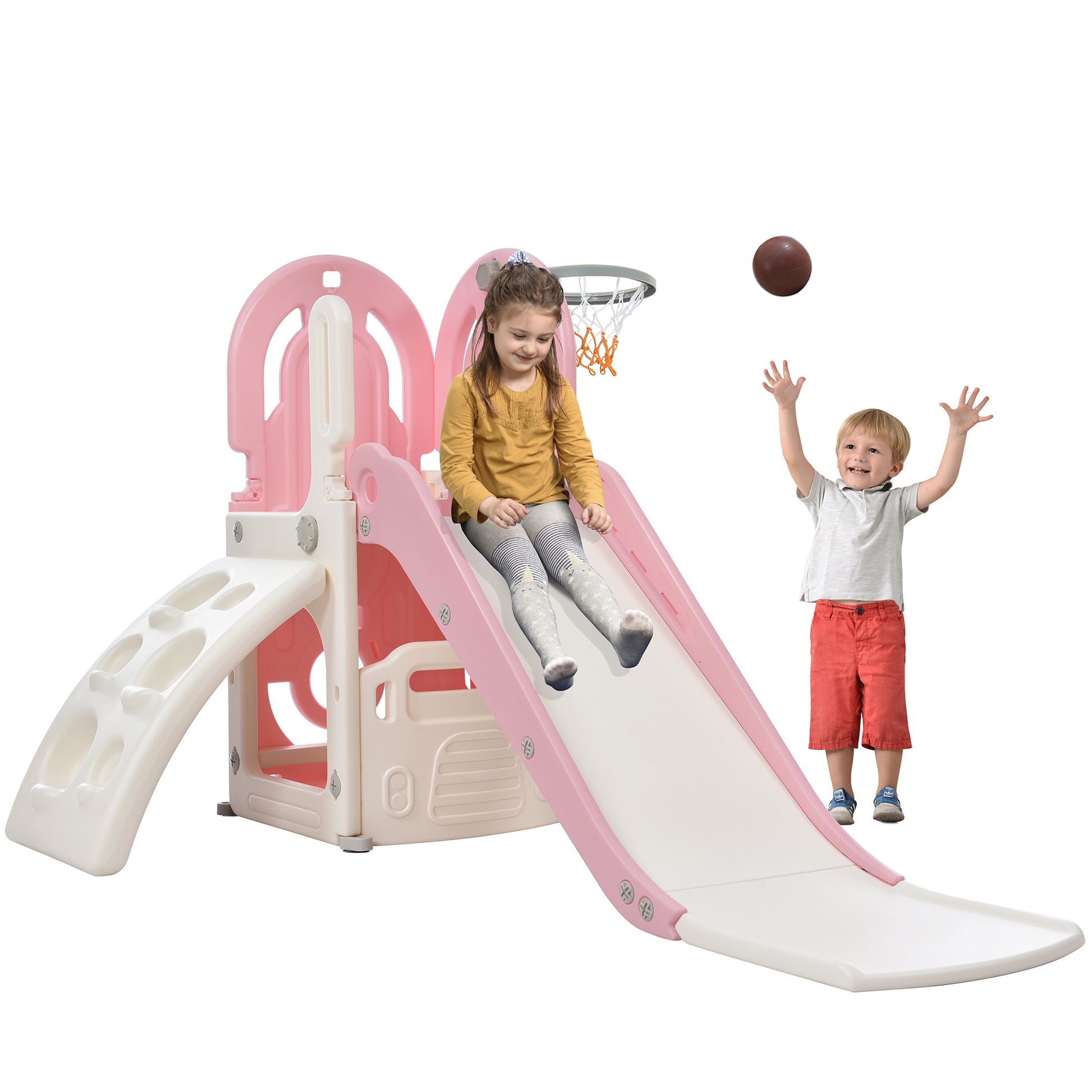 Toddler Climber And Slide Set 4 In 1, Kids Playground Climber Freestanding Slide Playset With Basketball Hoop Play Combination For Babies Indoor & Outdoor Pink Hdpe