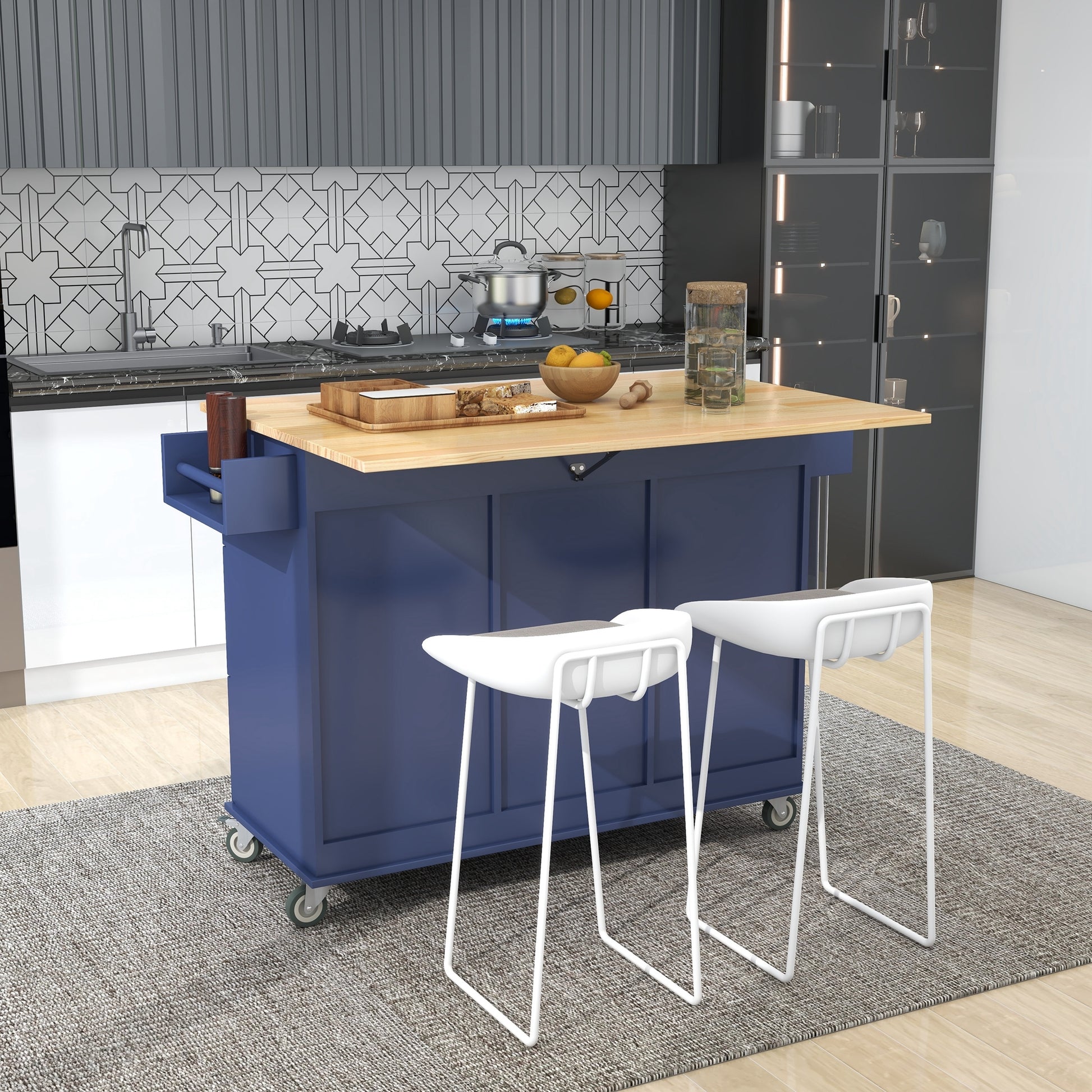 Rolling Mobile Kitchen Island With Drop Leaf Solid Wood Top, Locking Wheels & Storage Cabinet 52.7 Inch Width Dark Blue Blue Mdf