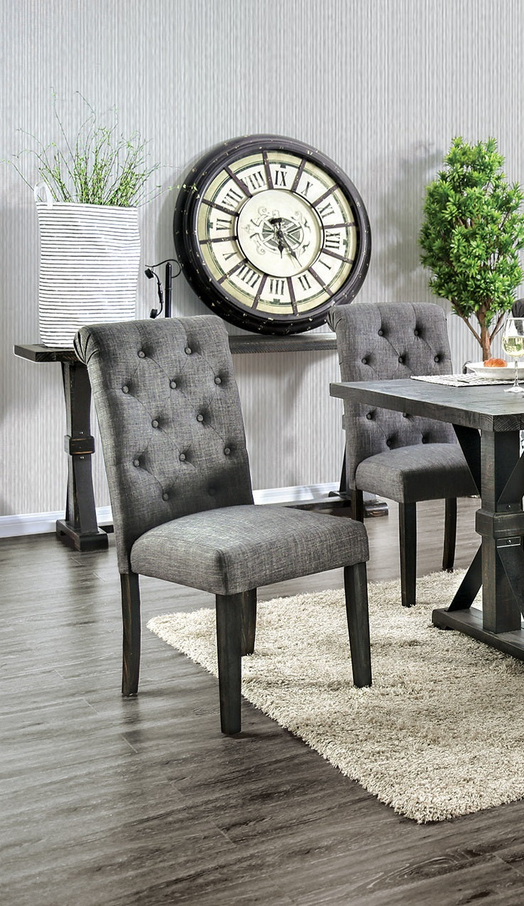 Classic Antique Black Gray Set Of 2 Side Chairs Button Tufted Linen Like Fabric Solid Wood Chair Upholstered Scroll Back Kitchen Rustic Dining Room Furniture Gray Dining Room Contemporary Side Chair Tufted Back Solid Wood