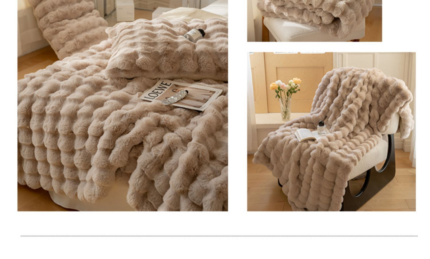 Large Cream Throw Blanket For Couch And For Bed, Soft And Cozy As Rabbit Fur Light Brown Fabric