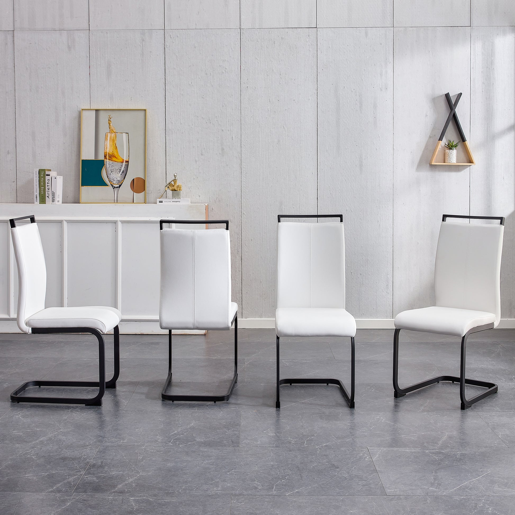 Table And Chair Set. A White Imitation Marble Desktop With Mdf Legs And Gold Metal Decorative Strips. Paired With 4 Dining Chairs With White Backrest And Black Metal Legs.F Hh C 1162 White Mdf Glass