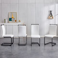 Table And Chair Set. A White Imitation Marble Desktop With Mdf Legs And Gold Metal Decorative Strips. Paired With 6 Dining Chairs With White Backrest And Black Metal Legs.F Hh C 1162 White Mdf Glass