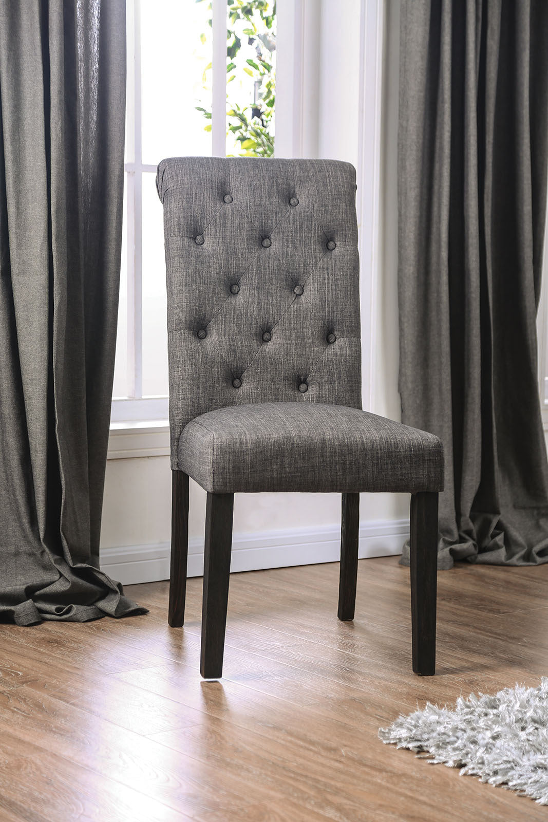 Classic Antique Black Gray Set Of 2 Side Chairs Button Tufted Linen Like Fabric Solid Wood Chair Upholstered Scroll Back Kitchen Rustic Dining Room Furniture Gray Dining Room Contemporary Side Chair Tufted Back Solid Wood