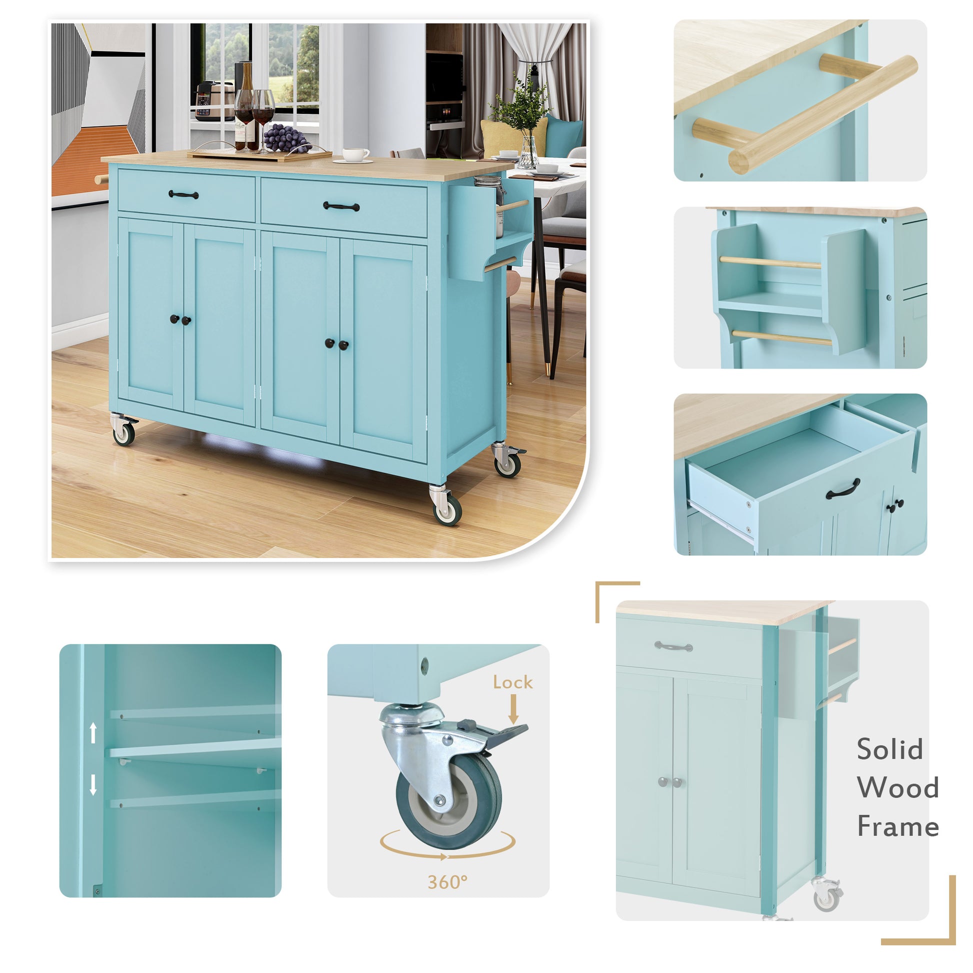 Kitchen Island Cart With 4 Door Cabinet And Two Drawers And 2 Locking Wheels Solid Wood Top, Adjustable Shelves, Spice & Towel Rack Mint Green Green Mdf