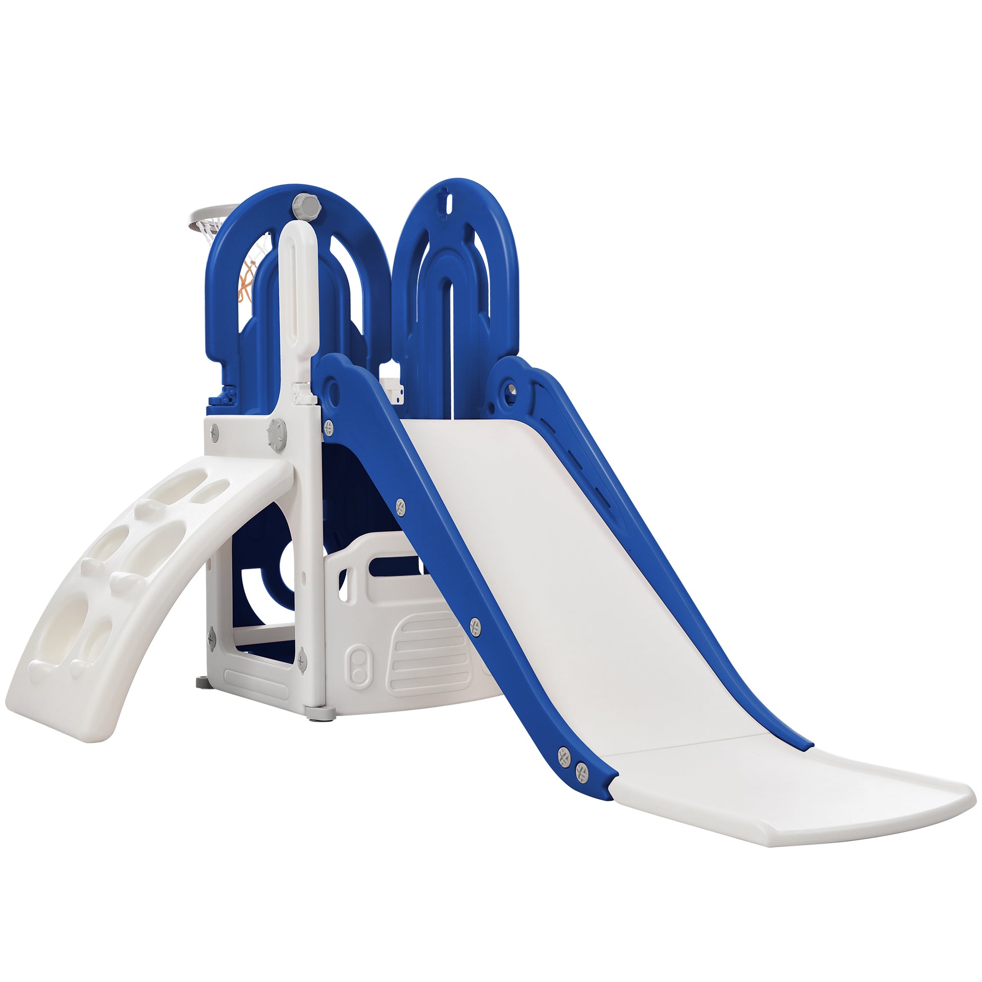 Toddler Climber And Slide Set 4 In 1, Kids Playground Climber Freestanding Slide Playset With Basketball Hoop Play Combination For Babies Indoor & Outdoor Blue Hdpe