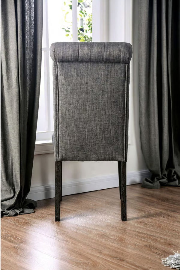 Classic Antique Black Gray Set Of 2 Side Chairs Button Tufted Linen Like Fabric Solid Wood Chair Upholstered Scroll Back Kitchen Rustic Dining Room Furniture Gray Dining Room Contemporary Side Chair Tufted Back Solid Wood