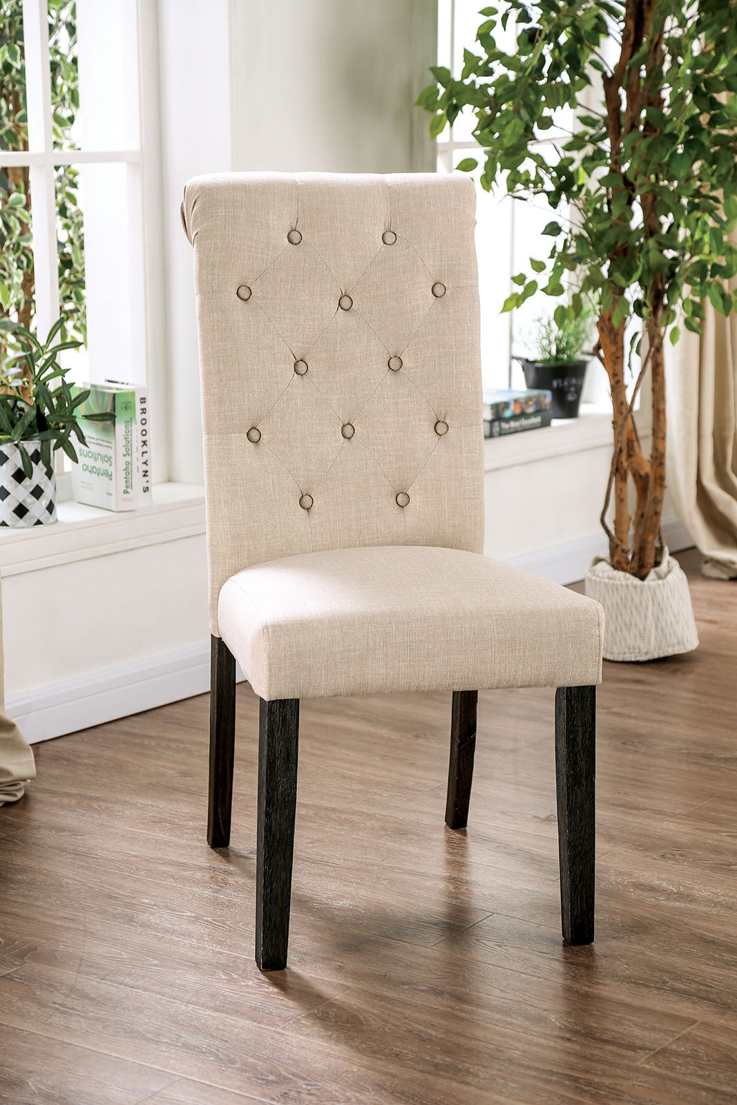 Classic Ivory Set Of 2 Side Chairs Button Tufted Linen Like Fabric Solid Wood Chair Upholstered Scroll Back Kitchen Rustic Dining Room Furniture Ivory Dining Room Contemporary Side Chair Tufted Back Solid Wood