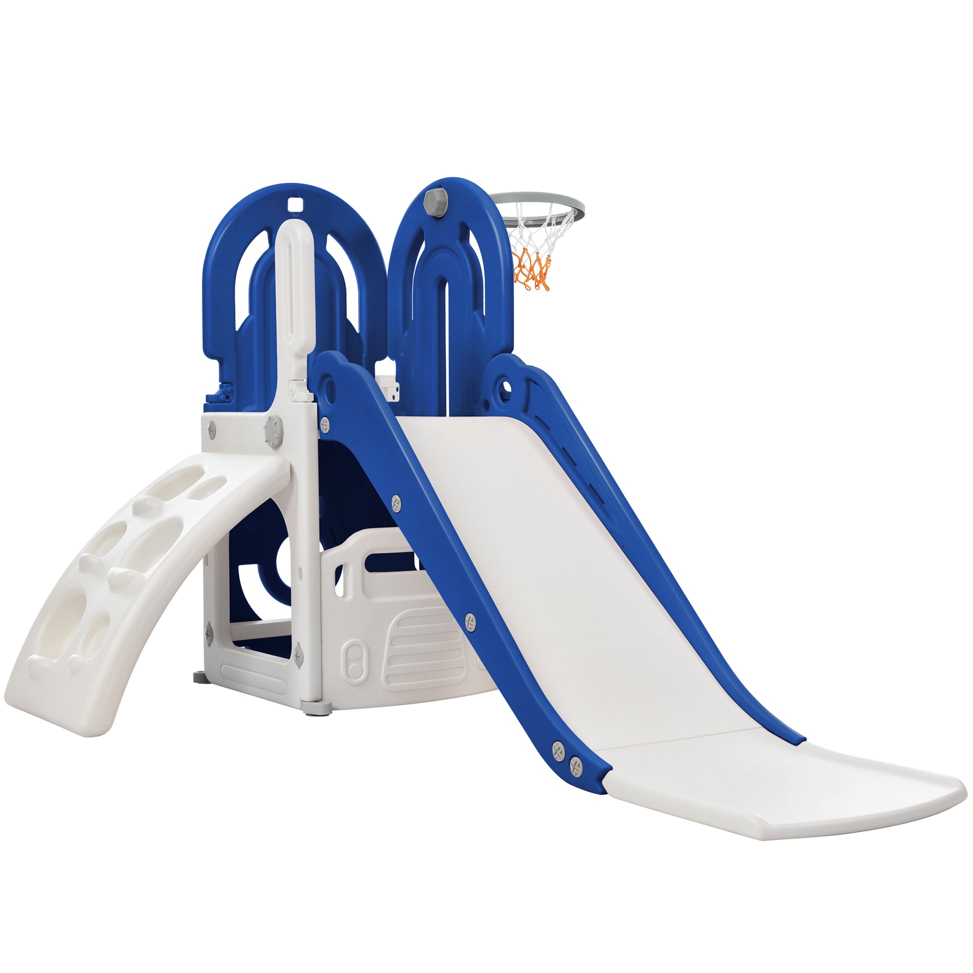 Toddler Climber And Slide Set 4 In 1, Kids Playground Climber Freestanding Slide Playset With Basketball Hoop Play Combination For Babies Indoor & Outdoor Blue Hdpe