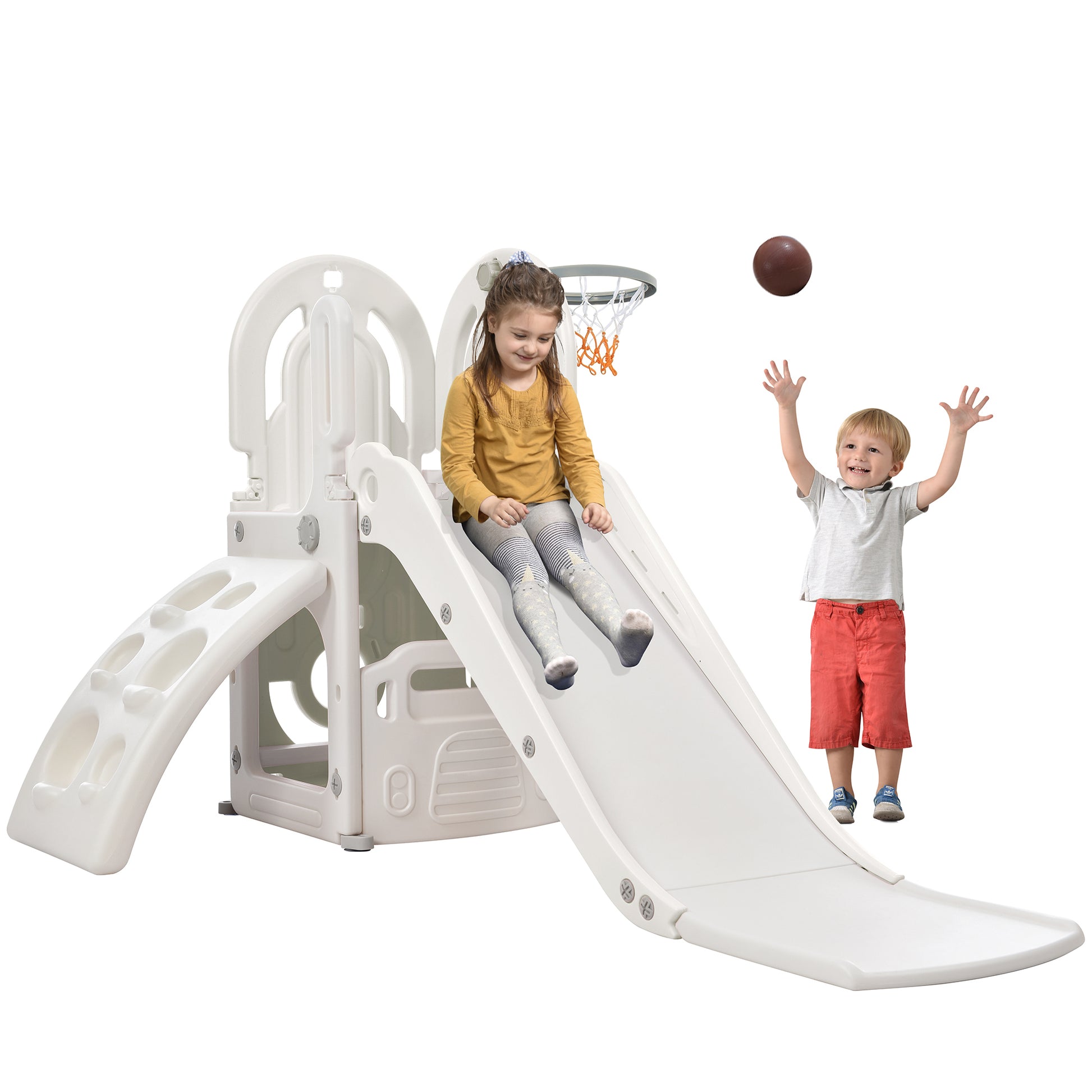 Toddler Climber And Slide Set 4 In 1, Kids Playground Climber Freestanding Slide Playset With Basketball Hoop Play Combination For Babies Indoor & Outdoor Gray Hdpe