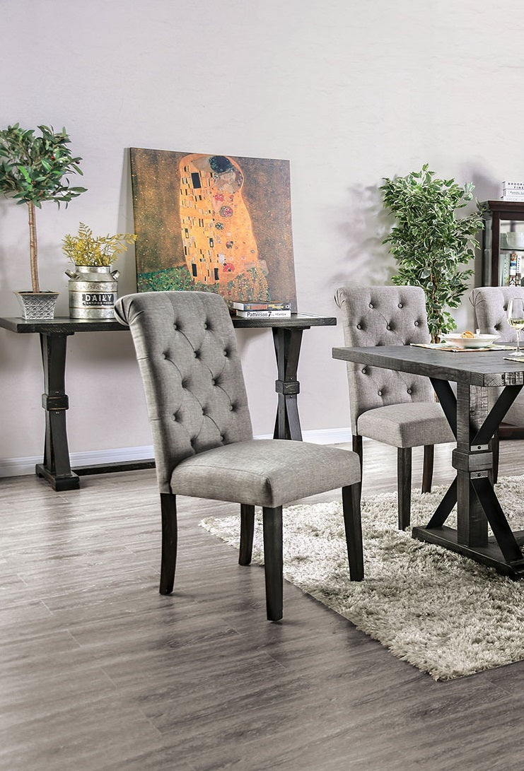 Classic Antique Black Light Gray Set Of 2 Side Chairs Button Tufted Linen Like Fabric Solid Wood Chair Upholstered Scroll Back Kitchen Rustic Dining Room Furniture Light Gray Dining Room Contemporary,Rustic Side Chair Tufted Back Solid Wood